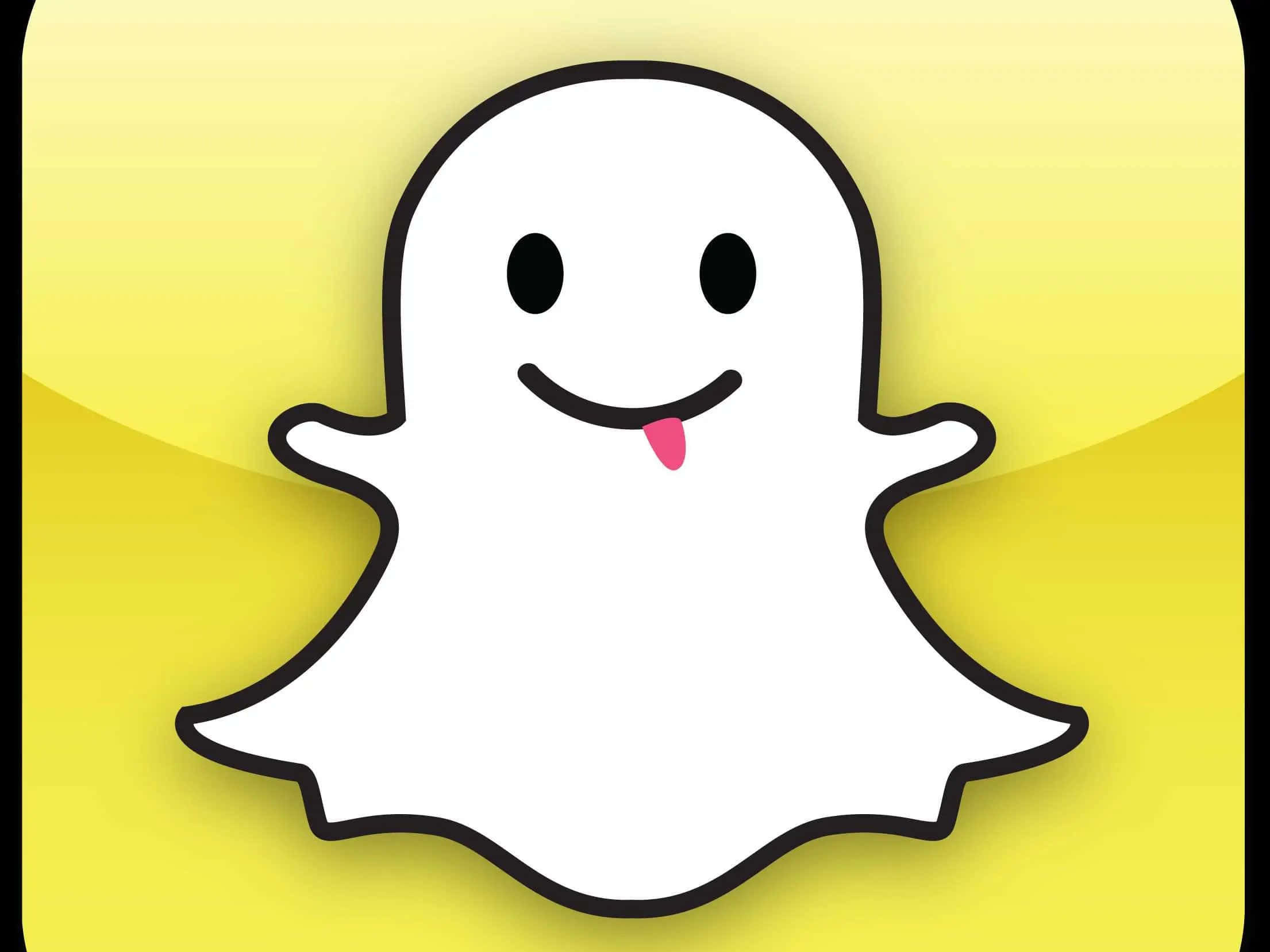 Snapchat 桌布 壁紙 — 一個快樂的卡通鬼魂，伸出粉紅色舌頭，背景是明亮的黃色漸變。