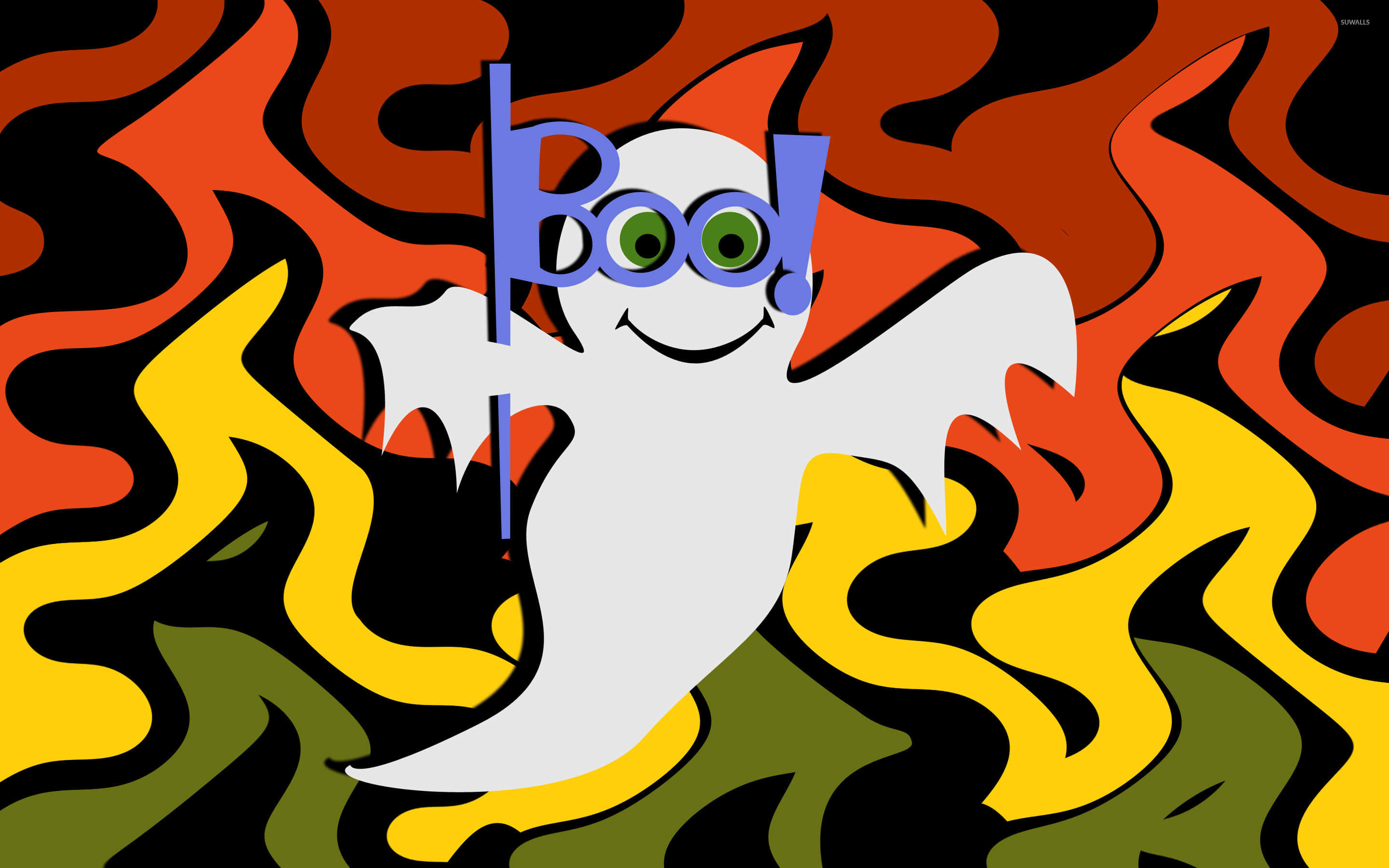 Cute Ghost 桌布 壁紙 — 一個快樂的卡通鬼魂，有綠色眼睛和一個「Boo！」標誌，漂浮在旋轉的橙色、黃色和綠色火焰中。