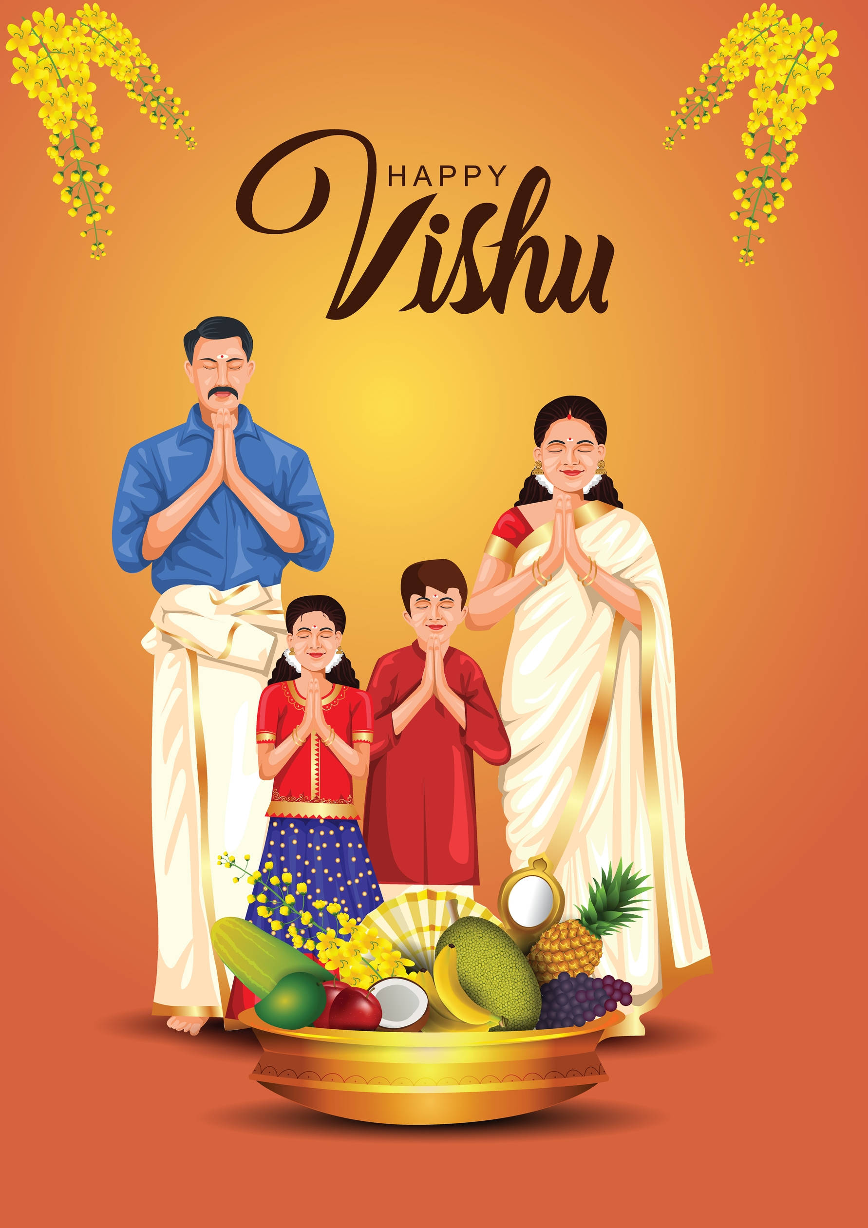 Vishu 桌布 壁紙 — 一個快樂的印度家庭穿著傳統服飾，在溫暖的橙色漸變背景前，一起在一個裝滿色彩繽紛水果和花朵的金色碗旁祈禱。