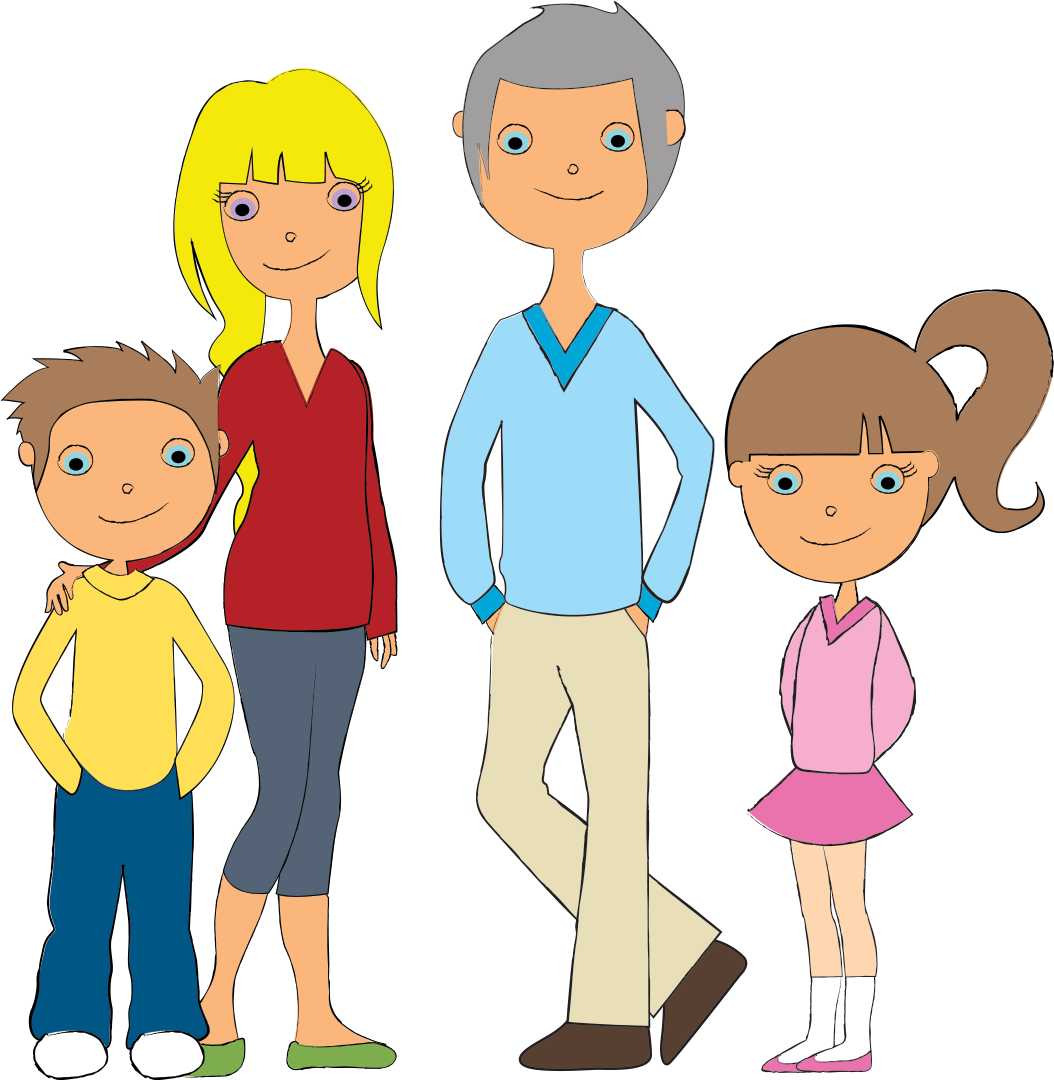 Family 桌布 壁紙 — 一個快樂的四人家族卡通人物，穿著鮮豔多彩的衣服，站在黑色背景前。