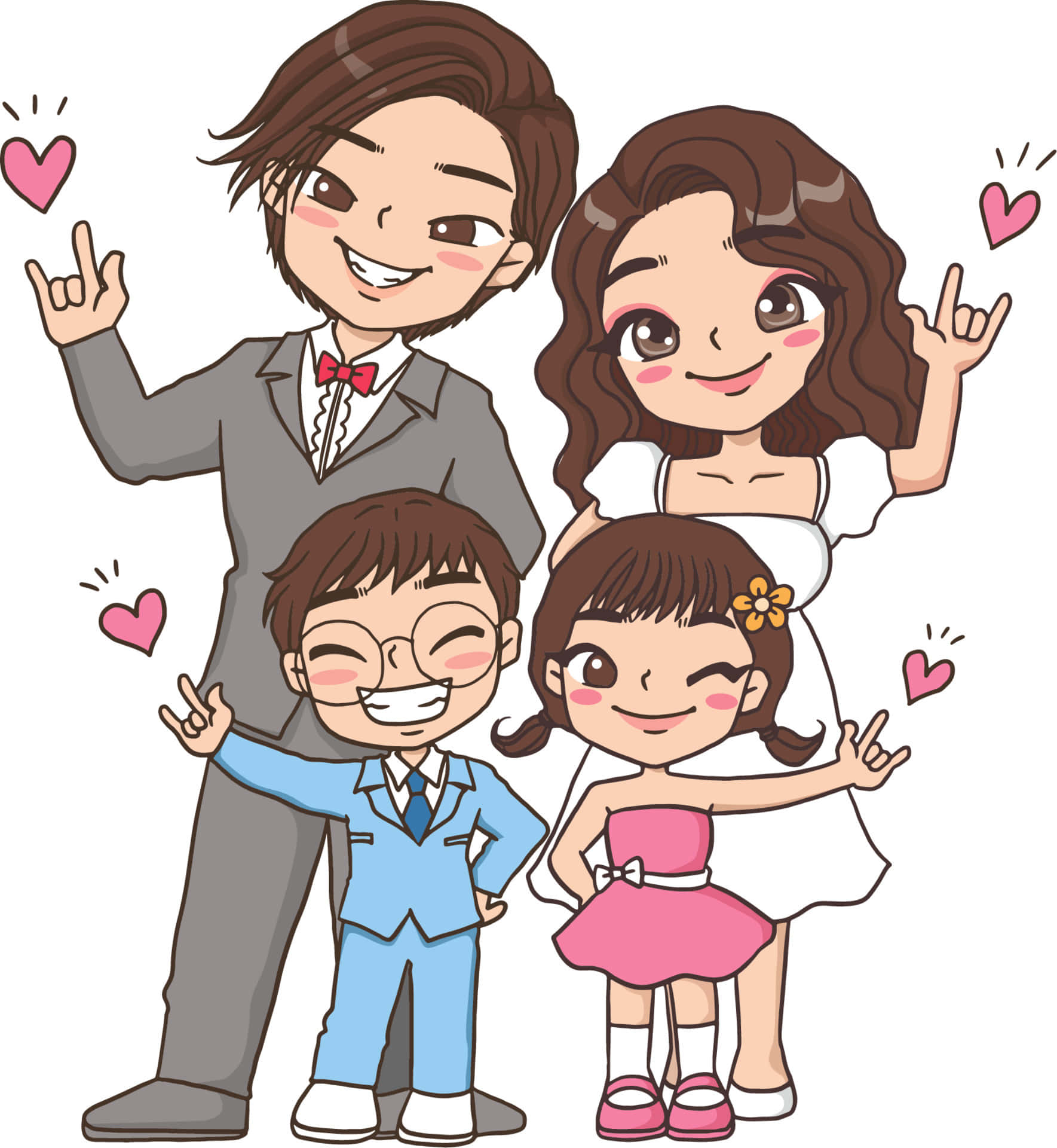 Family 桌布 壁紙 — 一個快樂的四人家族卡通人物一起擺姿勢，周圍漂浮著心形圖案，所有人都做出搖滾手勢。