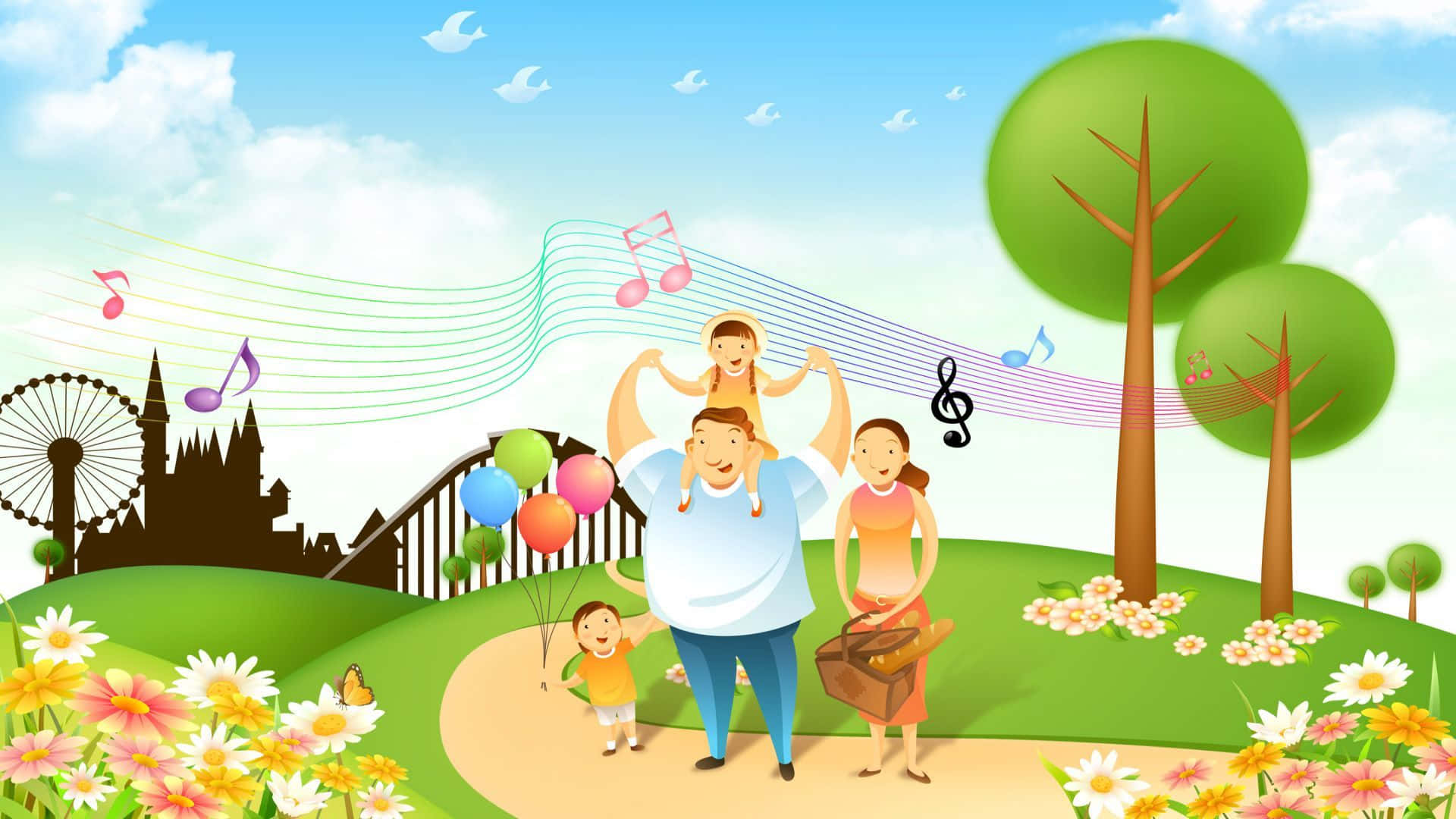 Family 桌布 壁紙 — 一個快樂的四口之家在陽光明媚的日子裡享受戶外時光，氣球和音符在他們周圍飄浮，附近有一個公園，裡面有鮮花和遠處的遊樂園。