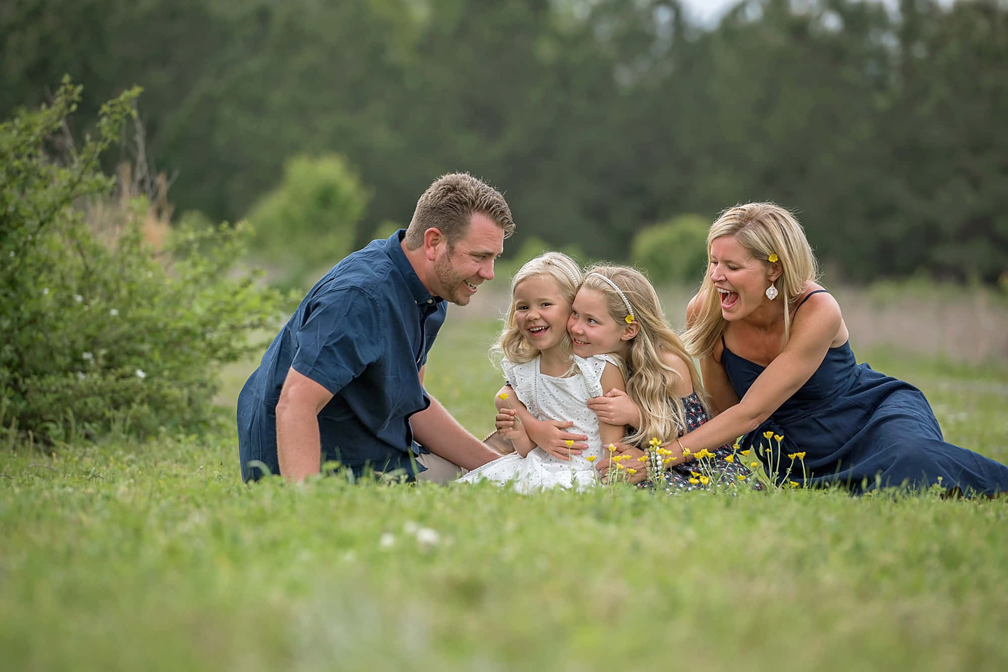 Spring Family 桌布 壁紙 — 一個快樂的四口之家在點綴著黃色野花的草地上一起歡笑。