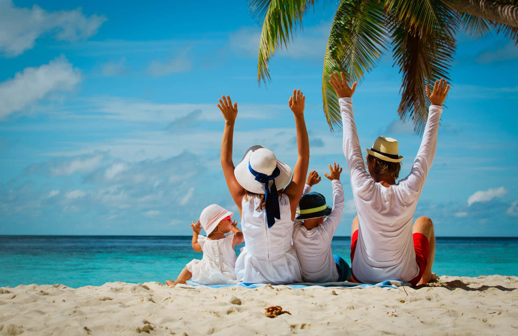 Vacation 桌布 壁紙 — 一個快樂的四口之家坐在棕櫚樹下的熱帶海灘上，雙臂高舉向明亮的藍天。