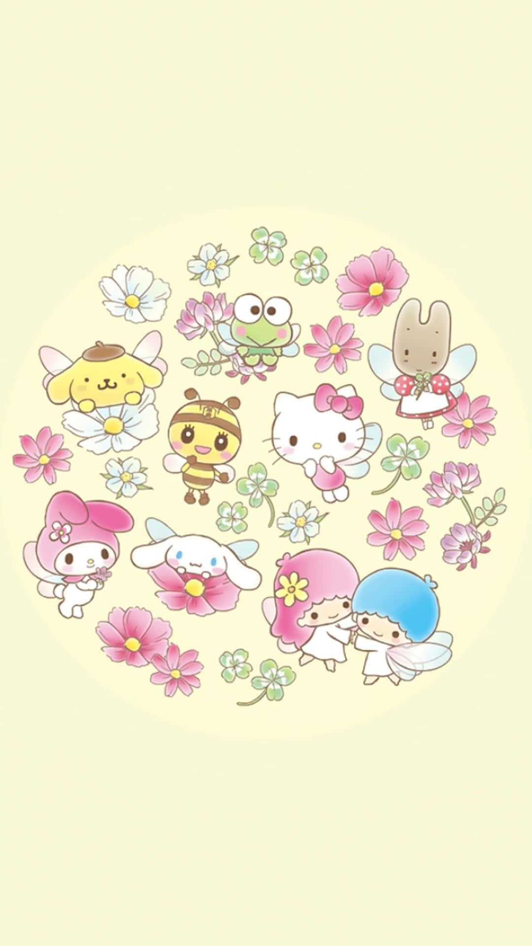 Hello Kitty 桌布 壁紙 — 一個快樂的圓圈，可愛的動漫角色帶有翅膀和花朵，在柔和的黃色背景上。
