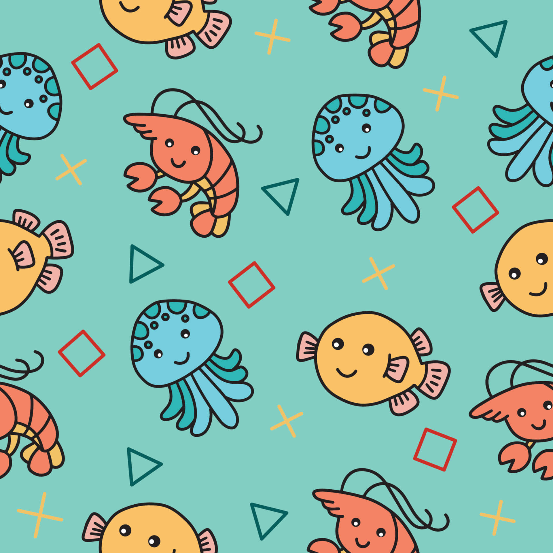章魚 桌布 壁紙 — 一個快樂的圖案，卡通海洋生物如魚、螃蟹和水母在藍綠色背景上在彩色幾何形狀之間游泳。
