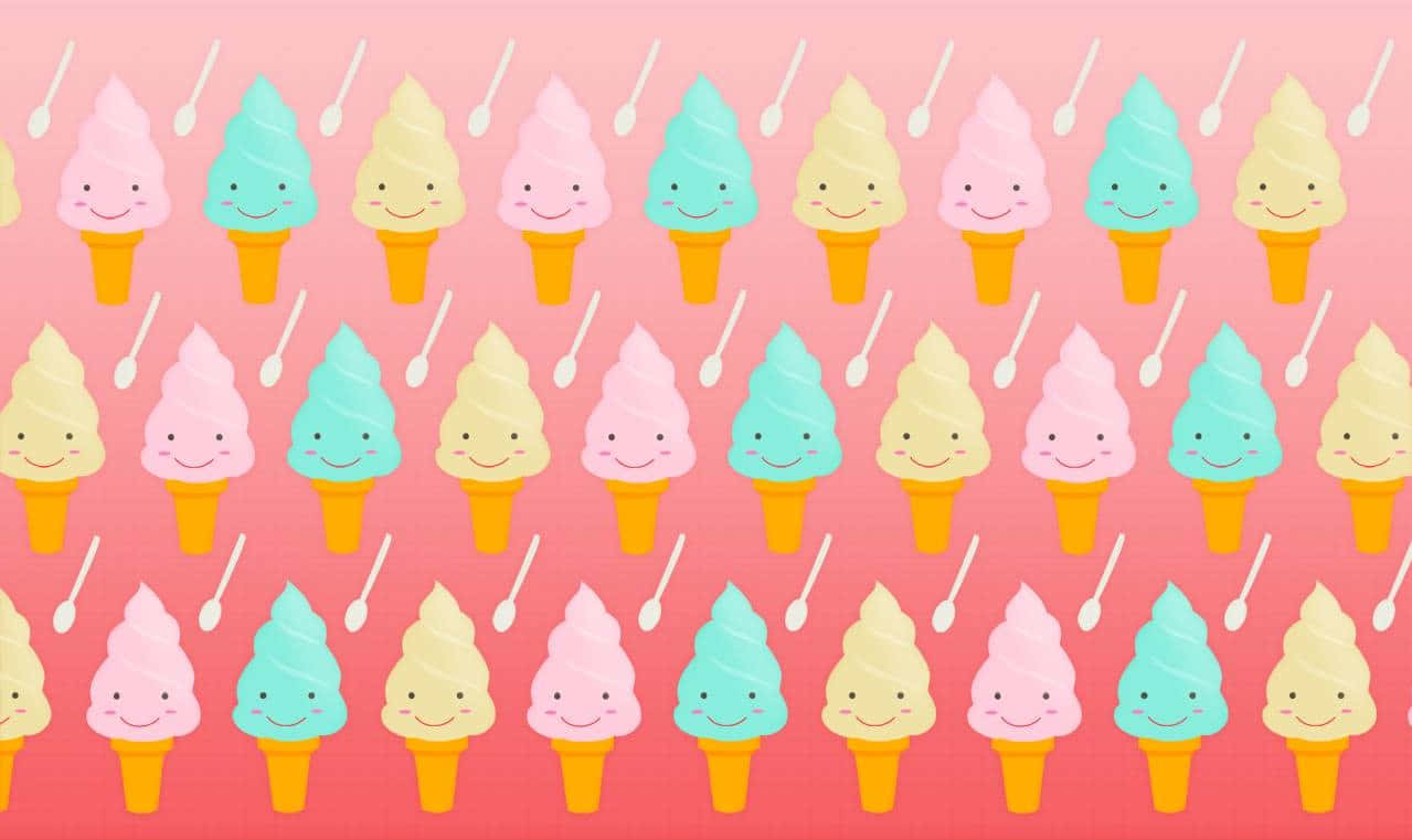 Ice Cream 桌布 壁紙 — 一個快樂的圖案，微笑的柔和色調冰淇淋甜筒配湯匙，在柔和的粉紅色背景上。