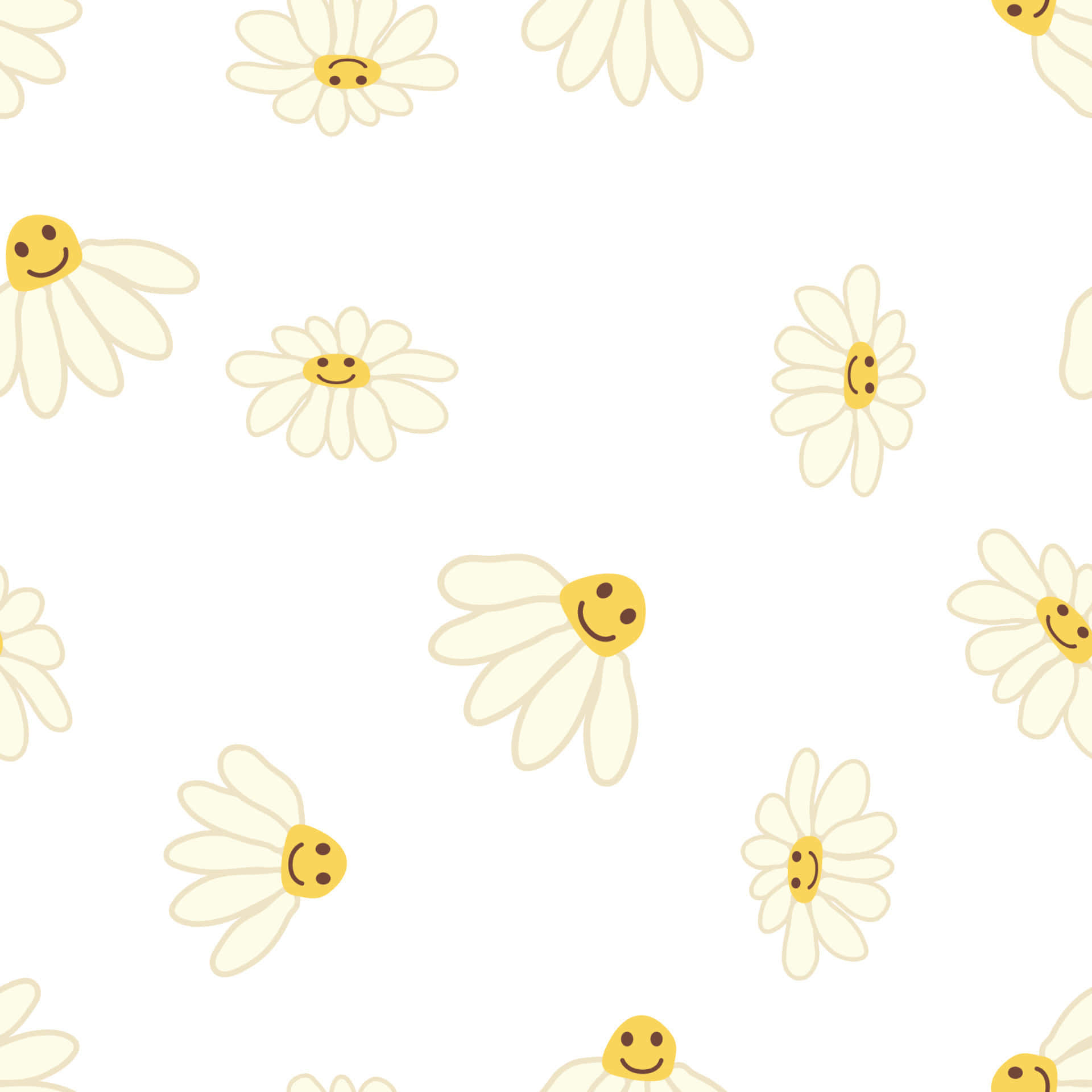 Daisies 桌布 壁紙 — 一個快樂的圖案，微笑的雛菊帶有黃色花心和白色花瓣，散落在潔白的背景上。