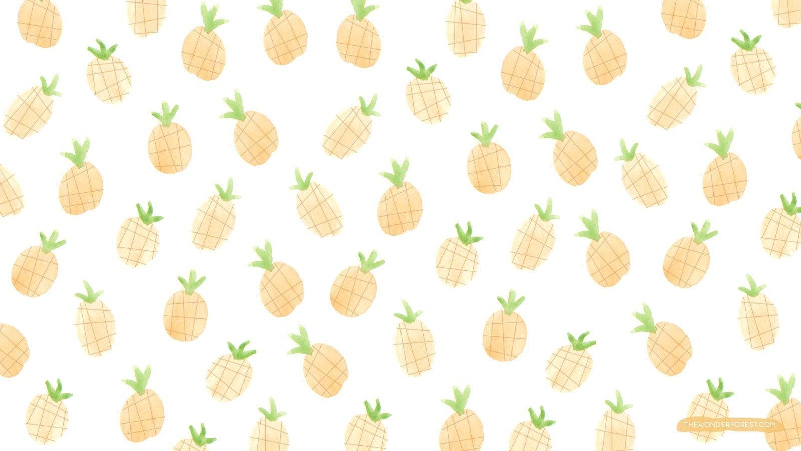 Pineapple 桌布 壁紙 — 一個快樂的圖案，手繪鳳梨帶有綠色皇冠，散落在潔白的背景上。