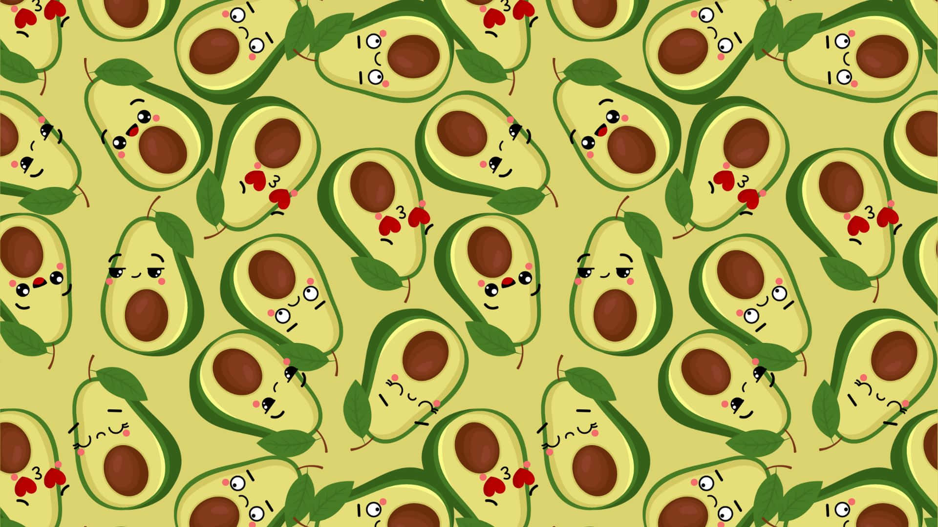 Cute Avocado 桌布 壁紙 — 一個快樂的圖案，由卡通酪梨半邊配上可愛臉孔和櫻桃親吻，在淡綠色背景上。