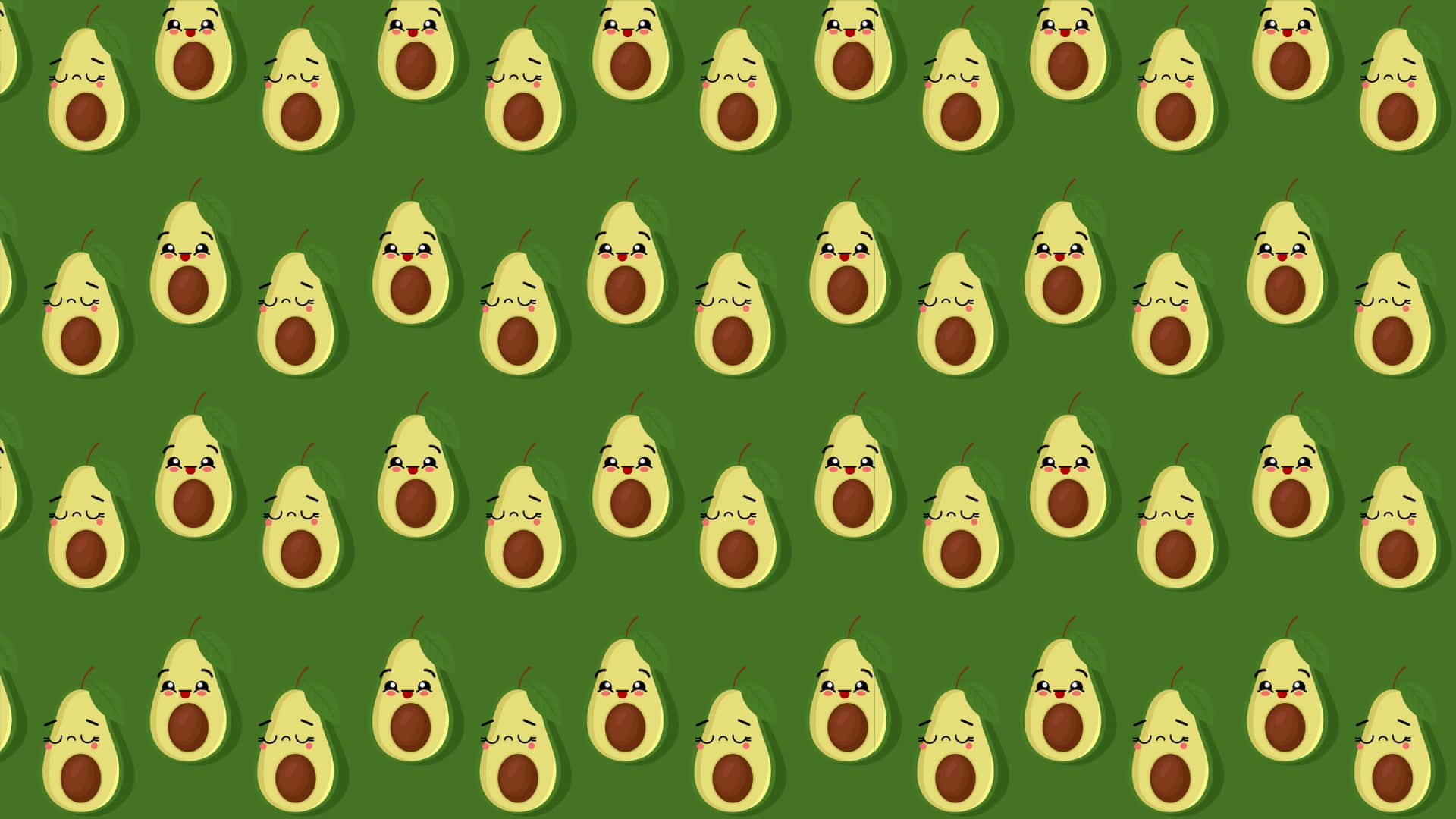 Cute Avocado 桌布 壁紙 — 一個快樂的圖案，由卡通酪梨帶著笑臉組成，背景為純綠色。