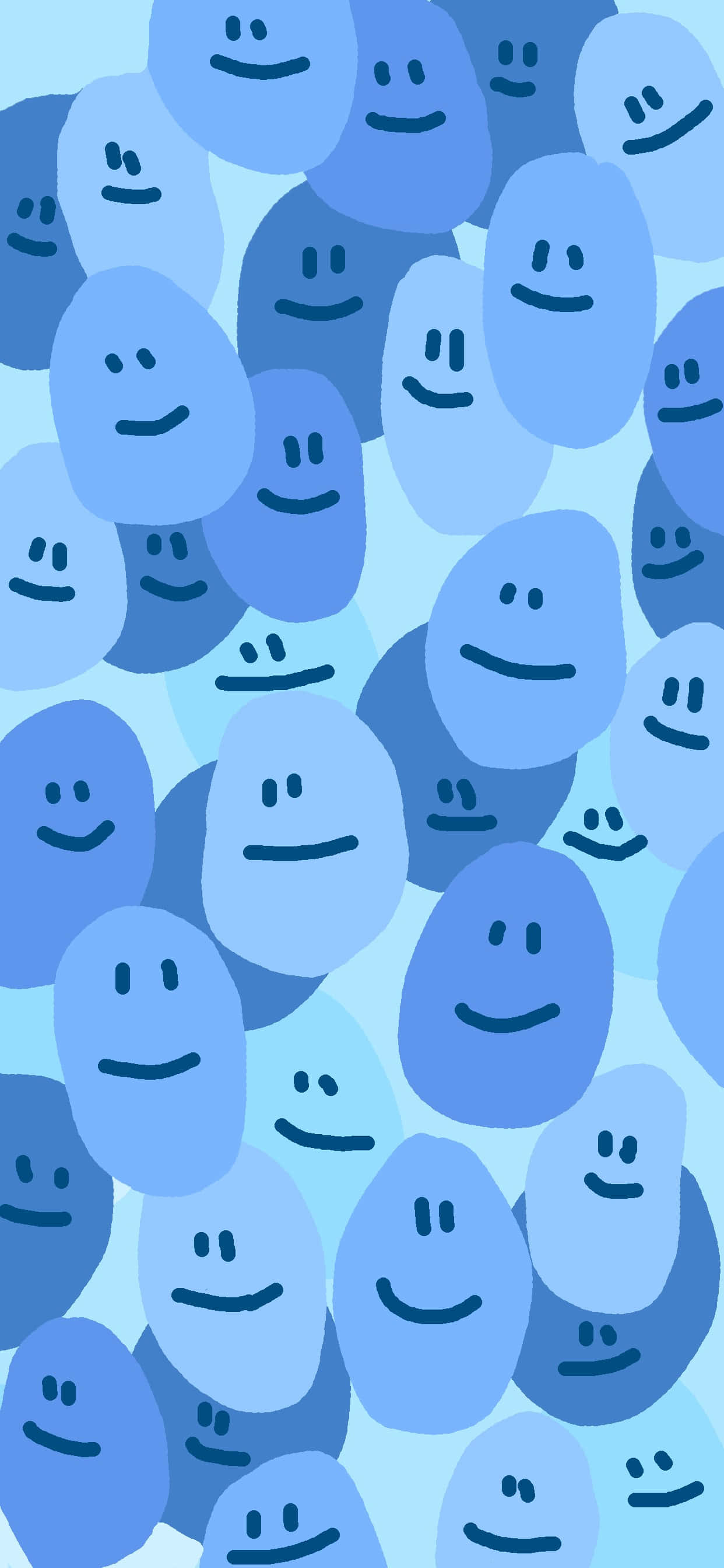 Aesthetic Smiley Face 桌布 壁紙 — 一個快樂的圖案，由藍色橢圓形笑臉組成，帶有簡單的眼睛和彎曲的嘴巴，背景為淺藍色。