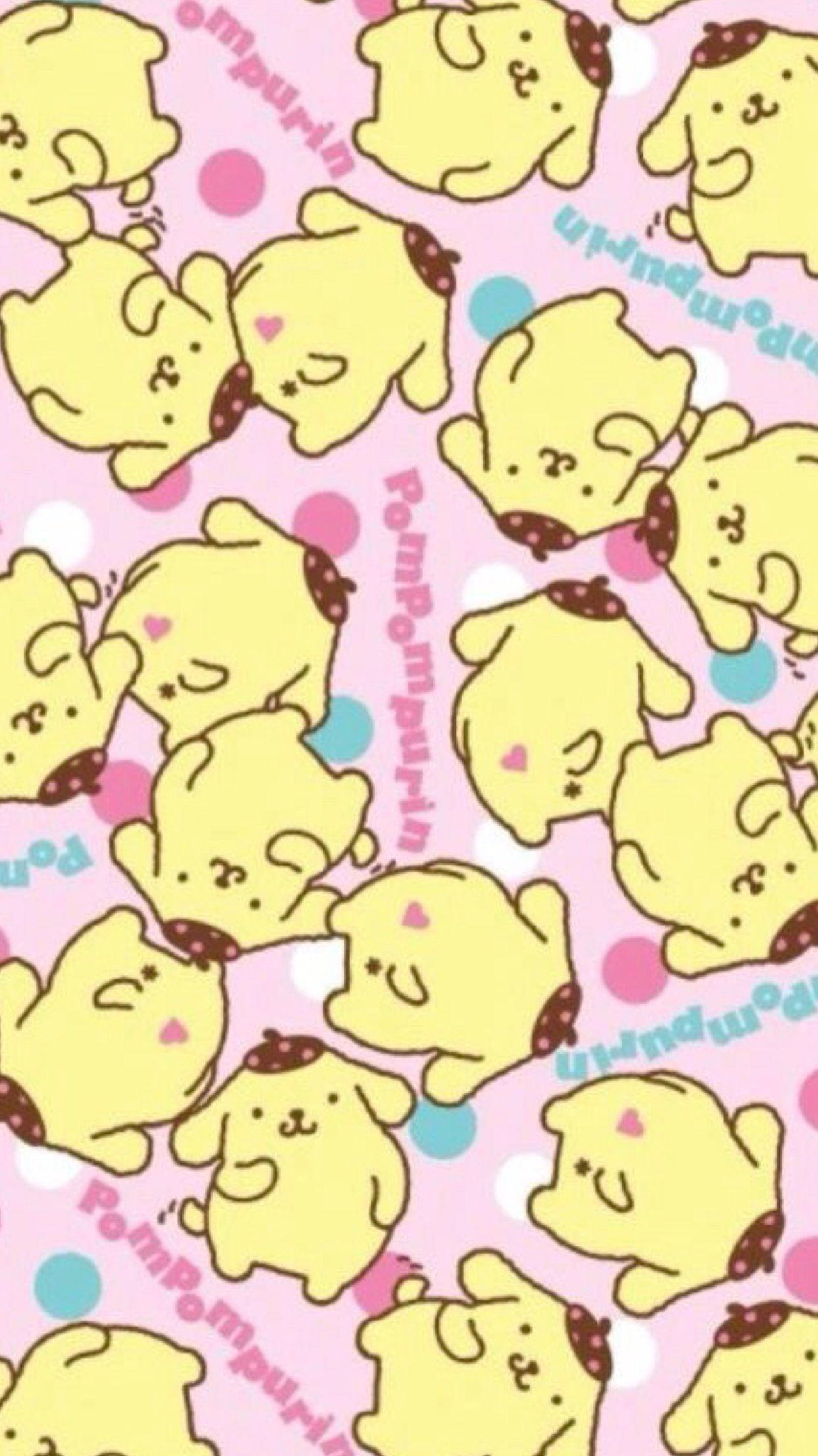 Cute Cartoon Dog 桌布 壁紙 — 一個快樂的圖案，黃色PomPomPurin角色，有棕色耳朵和粉紅色心形，在粉彩粉紅色背景上，帶有彩色圓點。