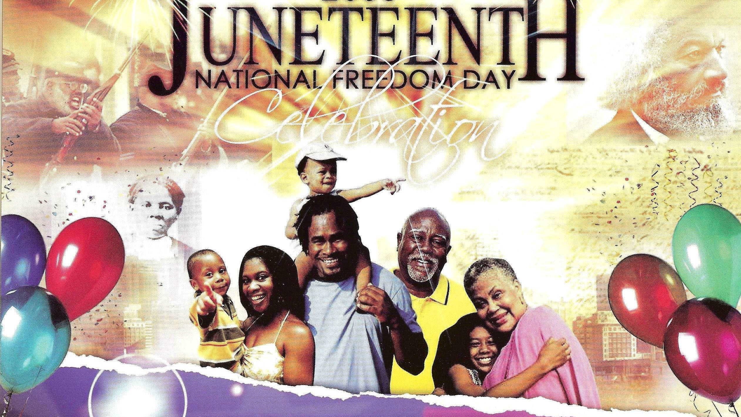 Juneteenth 桌布 壁紙 — 一個快樂的多代黑人家庭用氣球和歷史人物在充滿活力的拼貼畫中慶祝六月節。