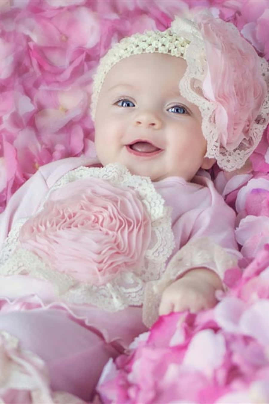 Baby Girl 桌布 壁紙 — 一個快樂的女嬰穿著粉紅色蕾絲服裝，被柔軟的粉紅色花瓣包圍，露出燦爛的笑容。