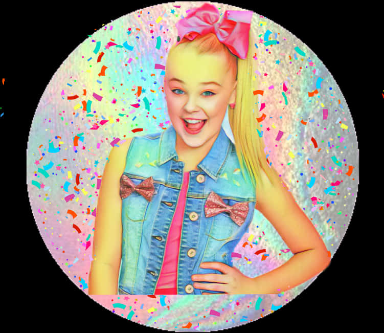 JoJo Siwa 桌布 壁紙 — 一個快樂的女孩，戴著粉紅色蝴蝶結和牛仔背心，在充滿五彩紙屑的圓形背景前燦爛微笑。