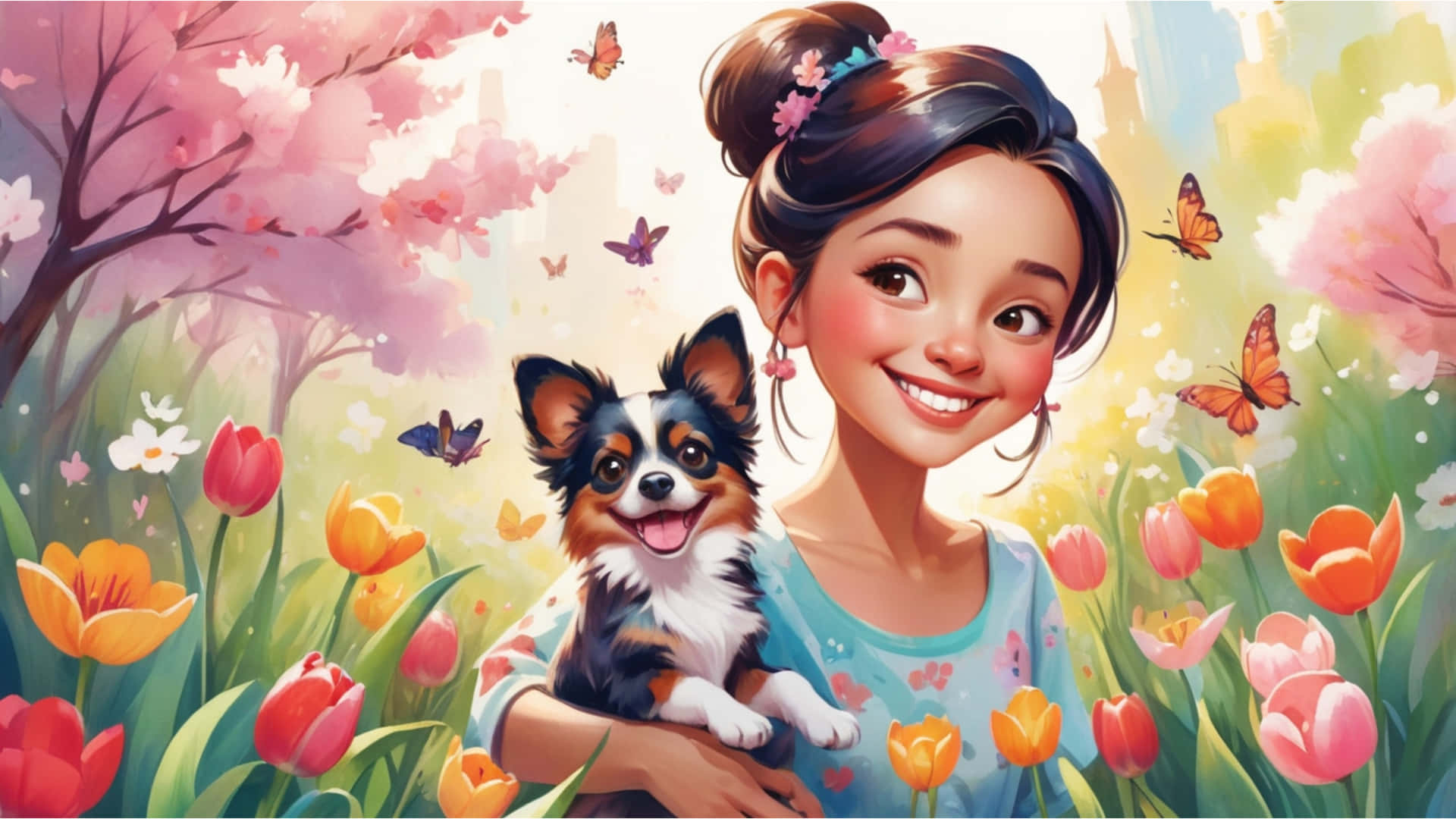 Happy Mother's Day Background 壁紙 — 一個快樂的女孩帶著一隻小三色狗，在充滿鬱金香和櫻花、蝴蝶翩翩飛舞的花園中微笑。