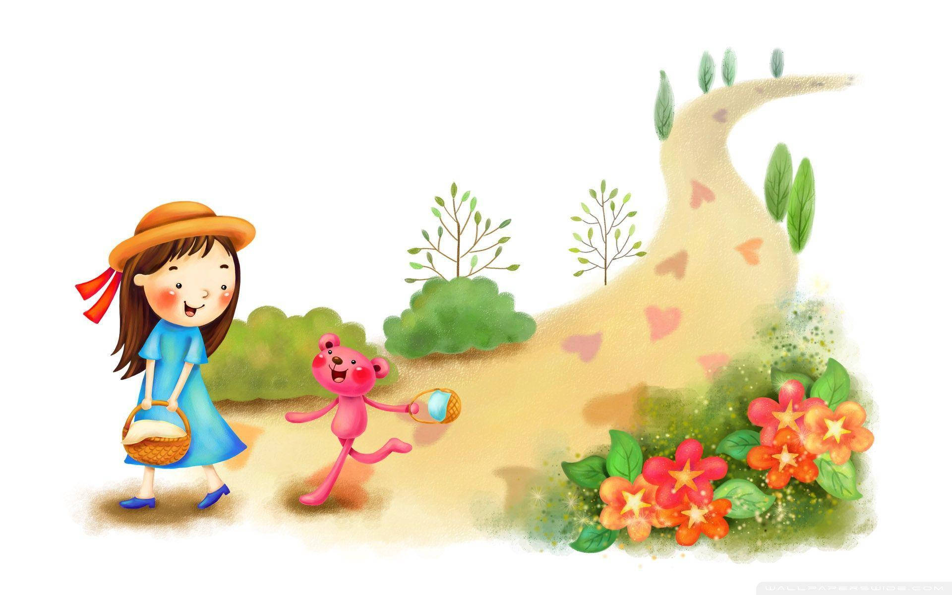 小孩動圖 桌布 壁紙 — 一個快樂的女孩穿著藍色連衣裙，帶著粉紅色泰迪熊沿著蜿蜒的小路穿過一個充滿活力的花園，花園裡有橙色花朵和綠色灌木。