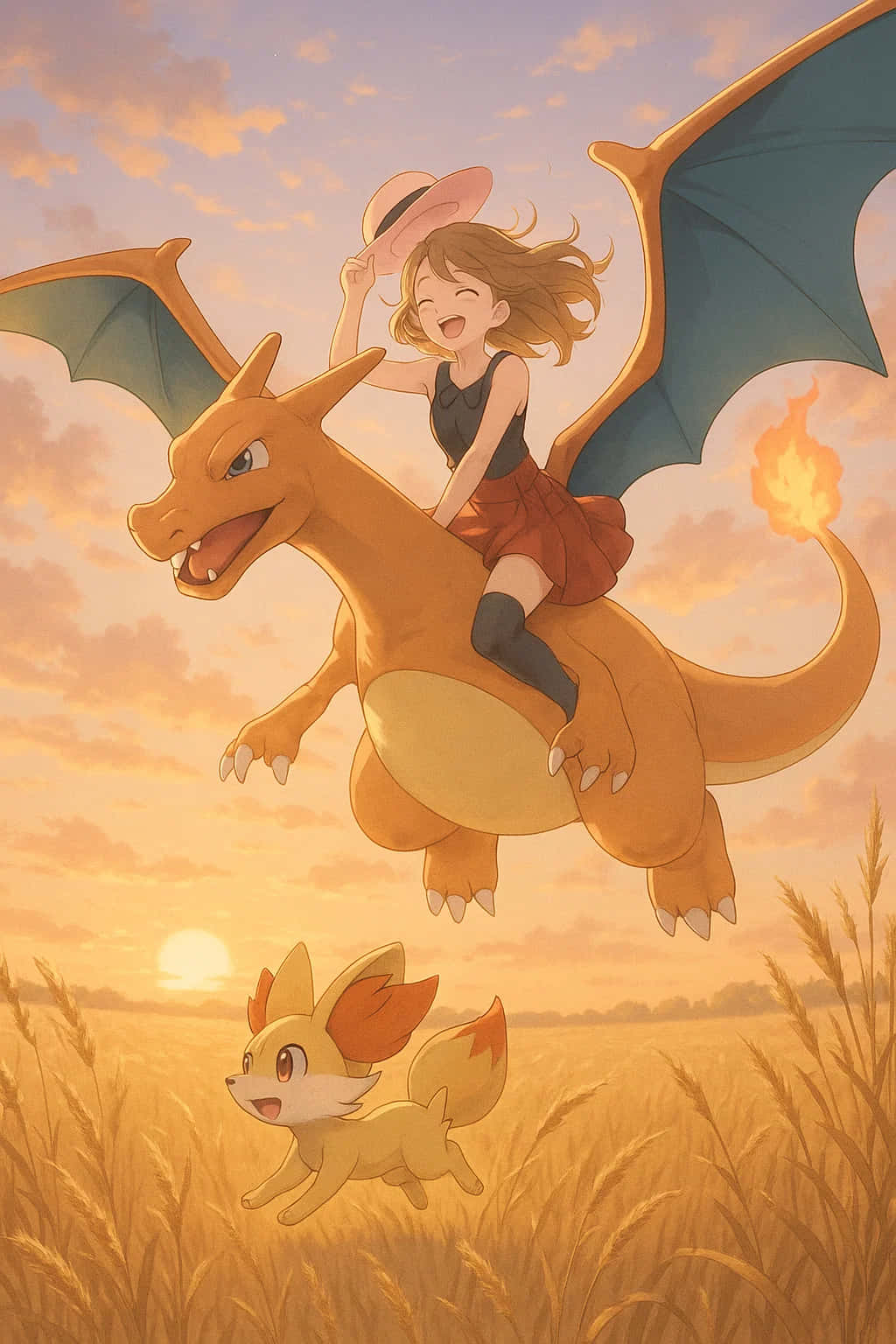 Charizard Pokemon HD Wallpaper WEBP 4K Background Download 壁紙 — 一個快樂的女孩騎著飛行的噴火龍越過金色田野，一隻狐狸般的生物在夕陽下奔跑。