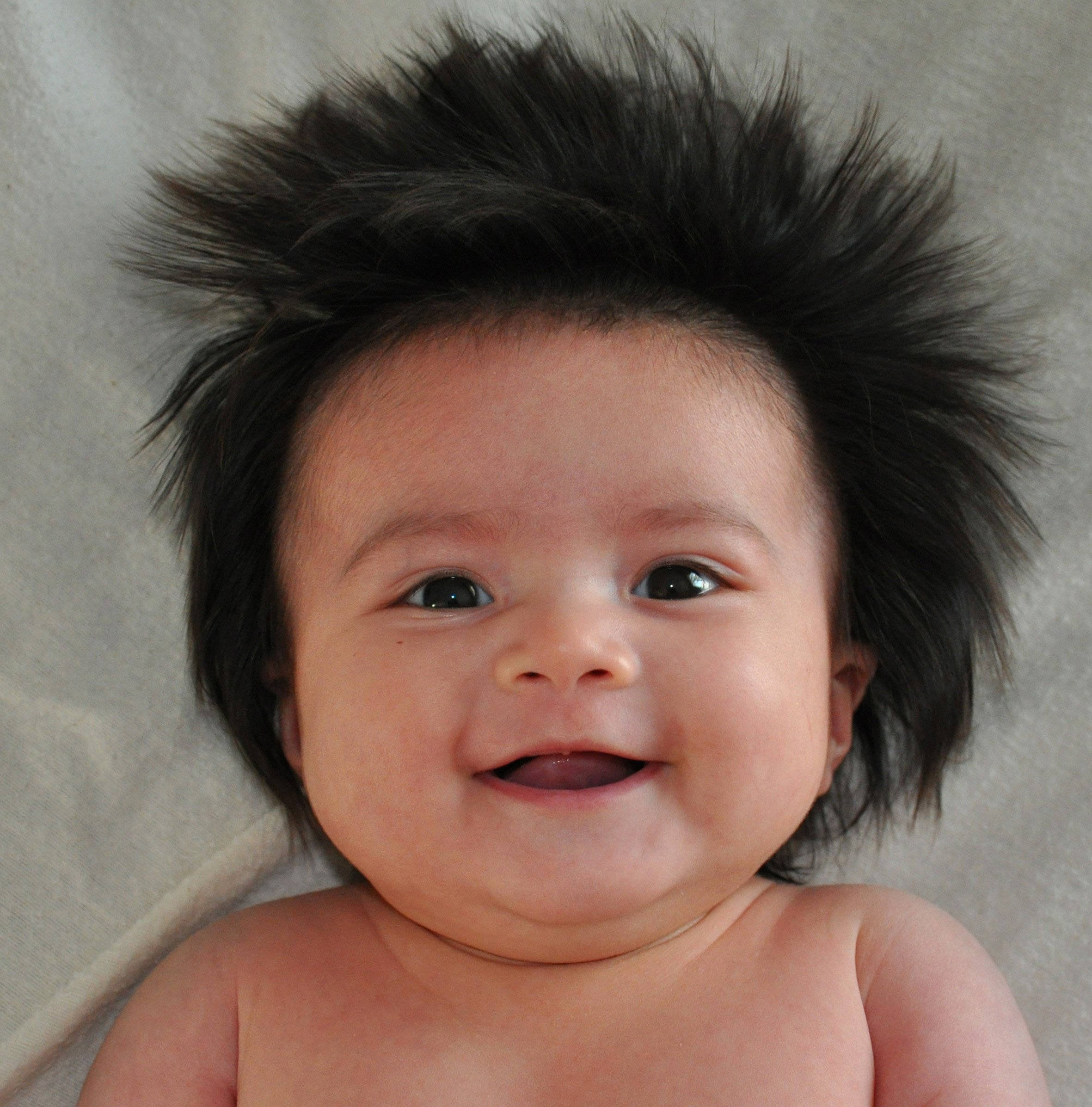 Funny Baby 桌布 壁紙 — 一個快樂的嬰兒，有著狂野的黑色刺蝟頭，在柔軟的灰色布料背景前對著鏡頭微笑。