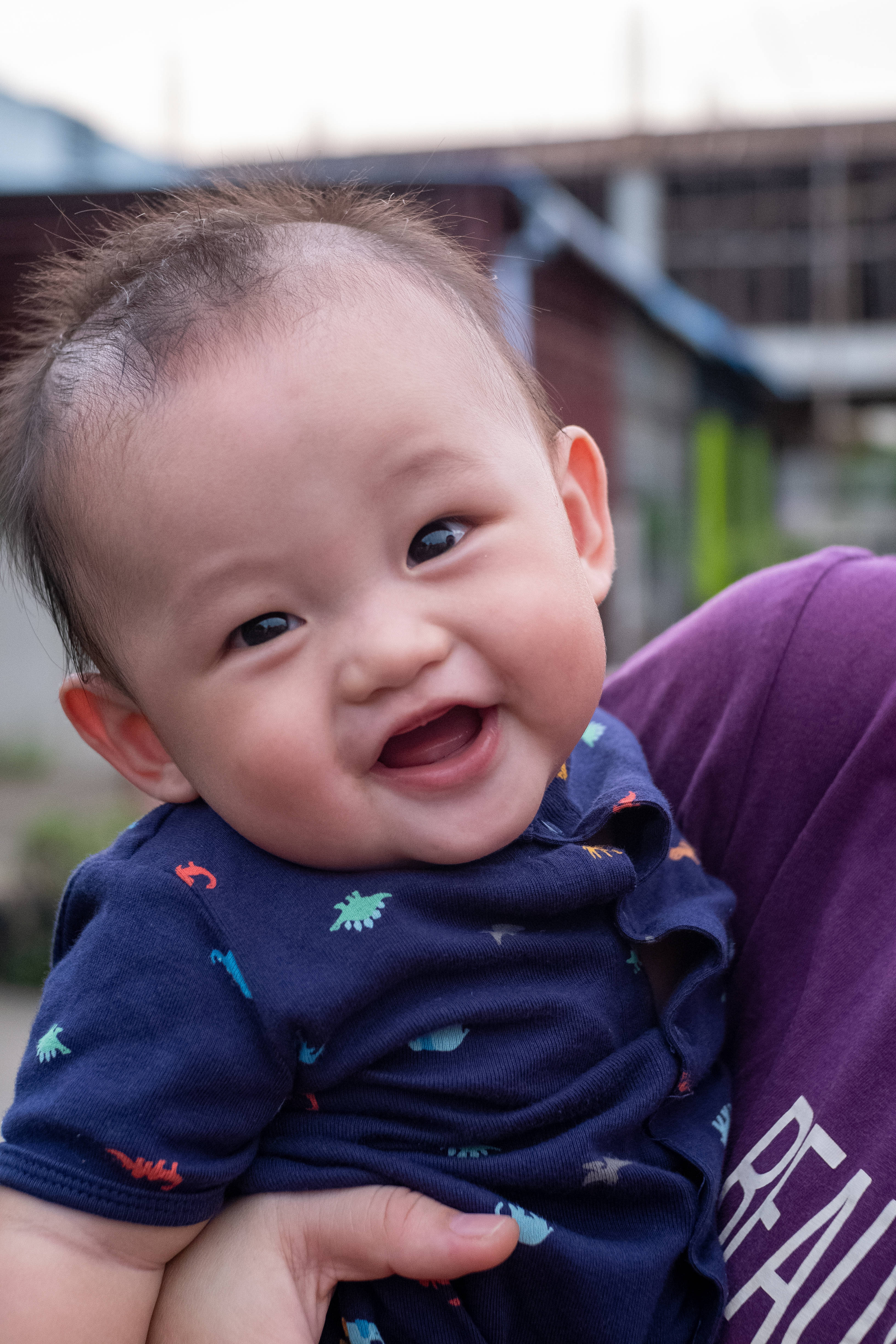Cute Boy 桌布 壁紙 — 一個快樂的嬰兒，深色眼睛和刺蝟頭，被抱著時笑容滿面，穿著帶有彩色恐龍圖案的深藍色襯衫。