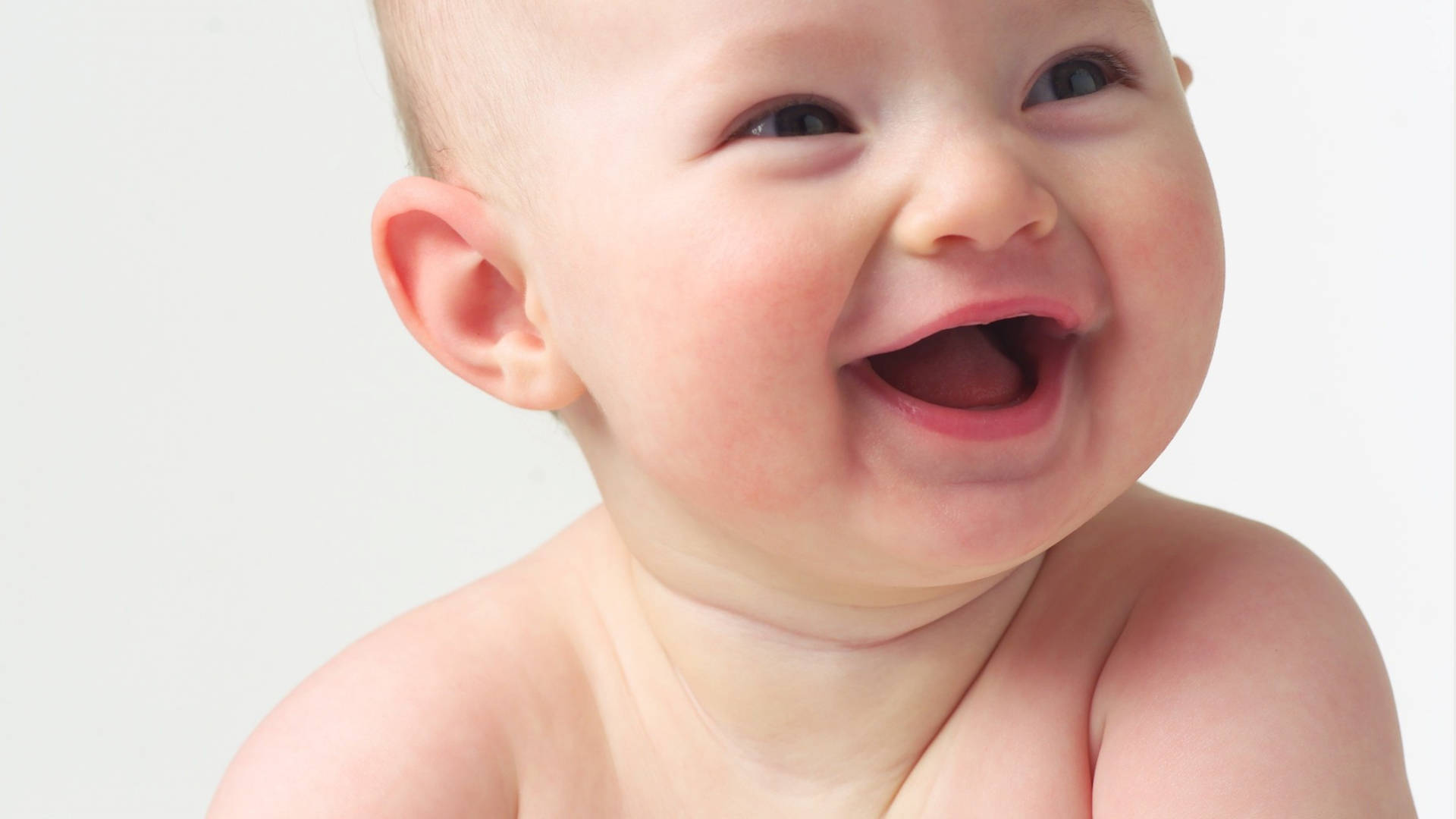 Funny Baby 桌布 壁紙 — 一個快樂的嬰兒，臉頰紅潤，在純白色背景前開懷大笑。