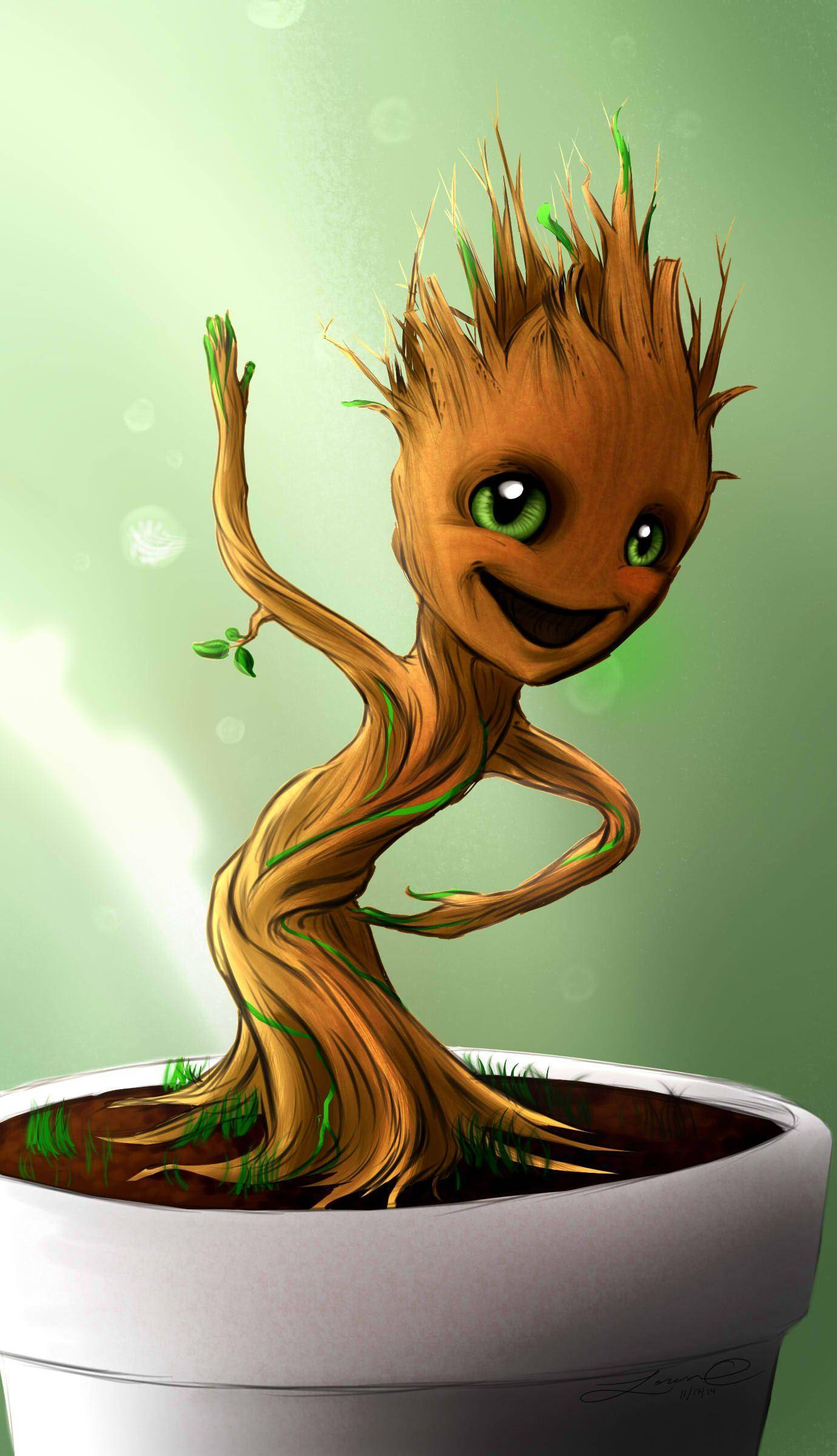 Baby Groot 桌布 壁紙 — 一個快樂的嬰兒樹生物，有綠色眼睛和樹枝四肢，在白色花盆中歡快地跳舞，背景是柔和發光的綠色。