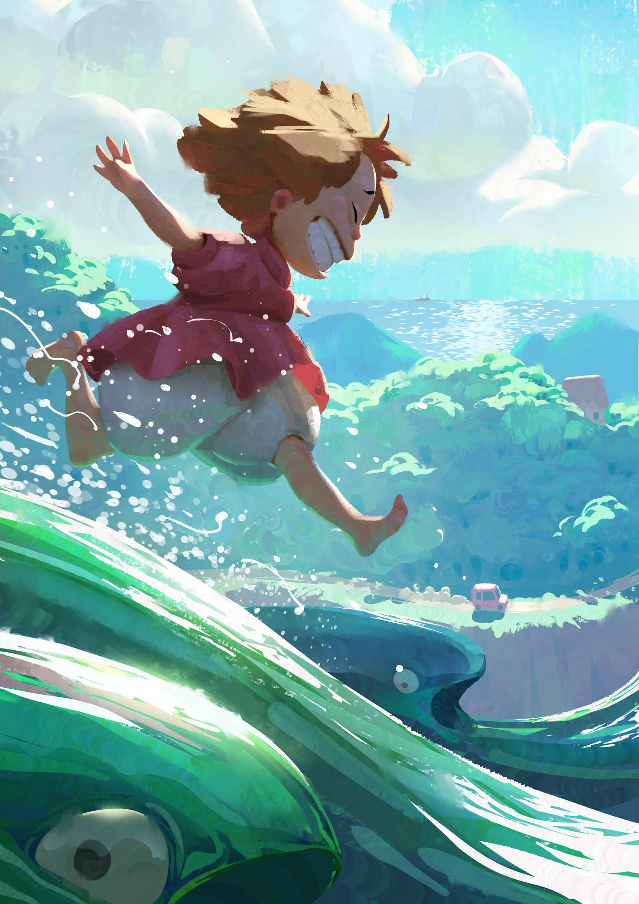 Ponyo 桌布 壁紙 — 一個快樂的孩子在明亮的天空下，於充滿活力的海洋場景中跳過一條巨大的綠色鯨魚。