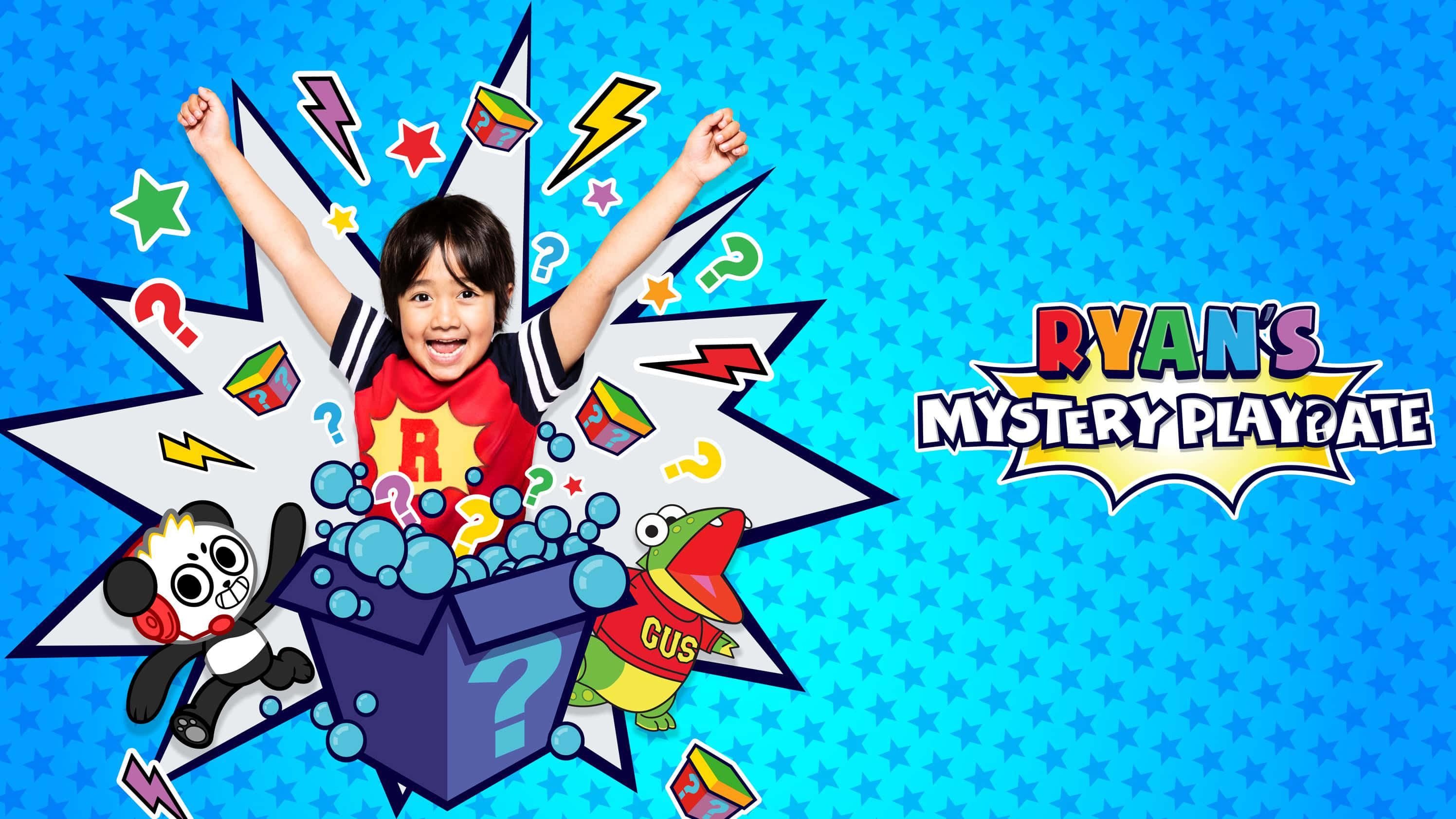 YouTube Banner 桌布 壁紙 — 一個快樂的孩子從一個神秘盒子中跳出，周圍環繞著卡通角色和漫畫風格符號，背景是星空藍色。