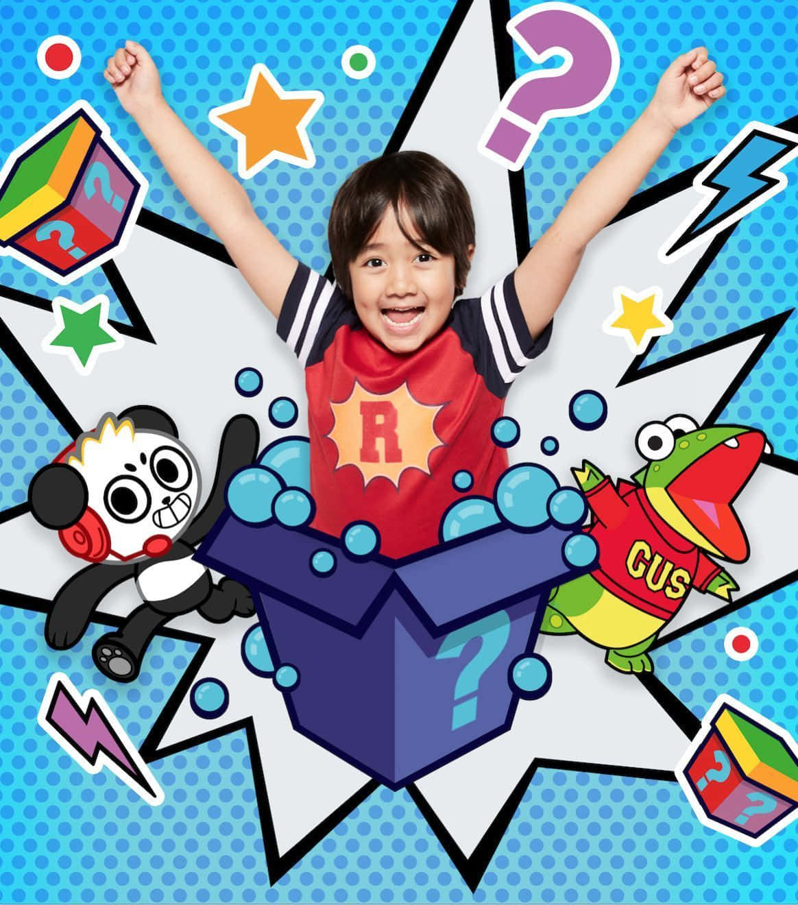 YouTube Banner 桌布 壁紙 — 一個快樂的孩子從一個藍色神秘盒子中衝出，周圍環繞著卡通人物和漫畫風格的星星和閃電。