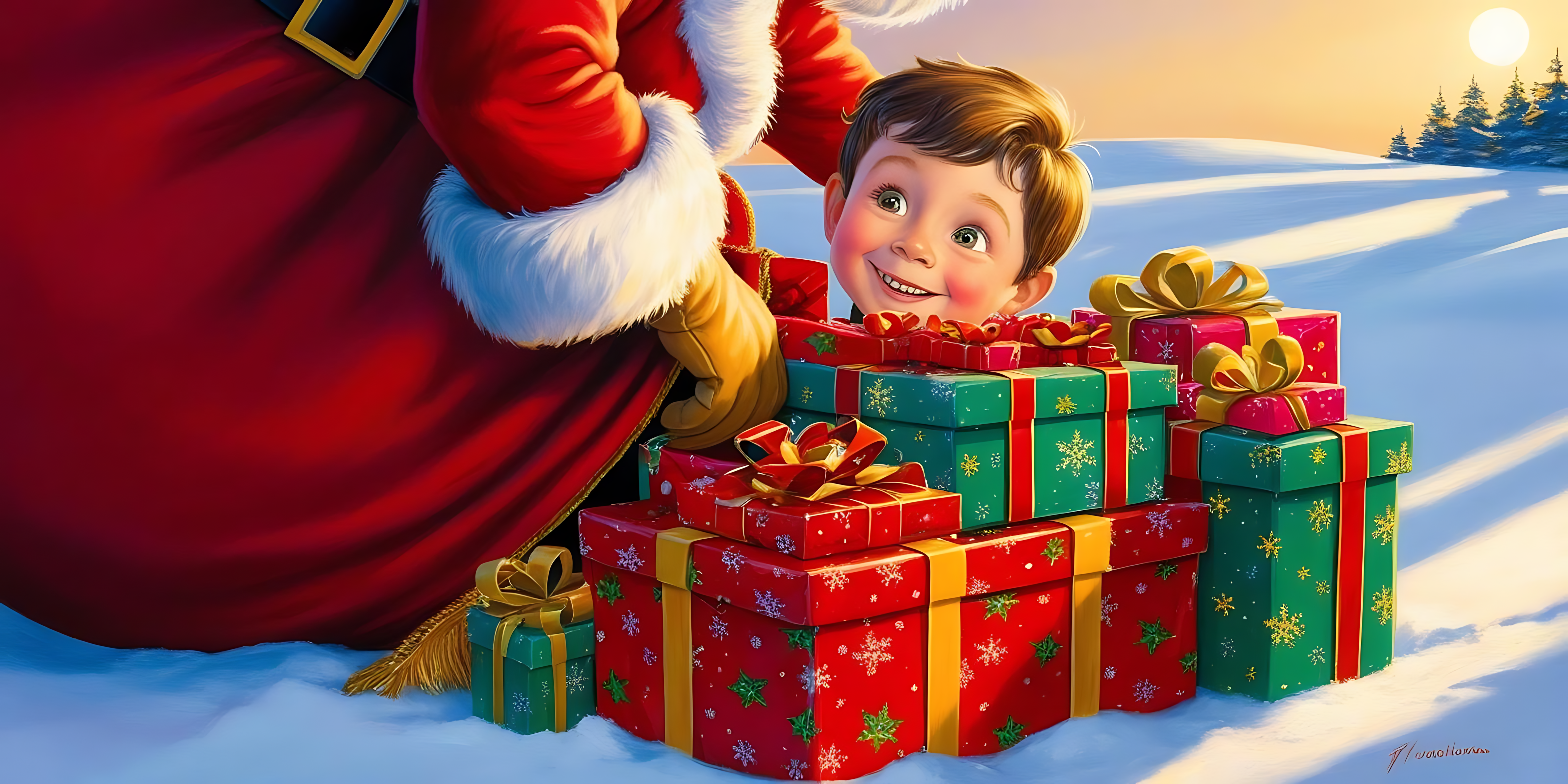 gifts 桌布 壁紙 — 一個快樂的孩子從一堆色彩繽紛的聖誕禮物後面探出頭來，而聖誕老人在夕陽下的雪景中俯身。