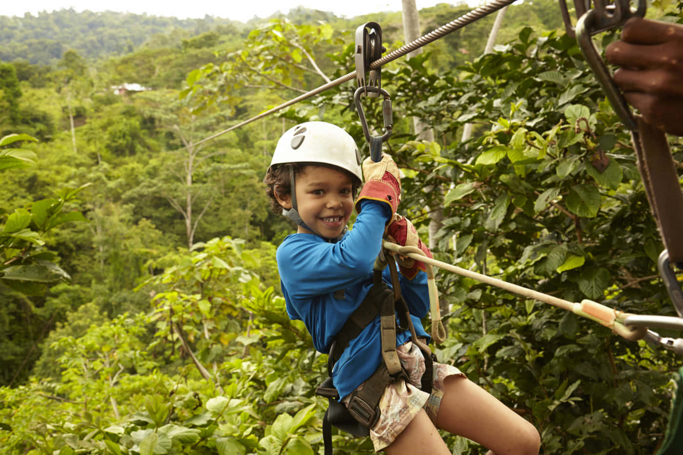 Eco-tourism 桌布 壁紙 — 一個快樂的孩子戴著頭盔，帶著燦爛的笑容在茂密的綠色叢林樹冠上玩滑索。