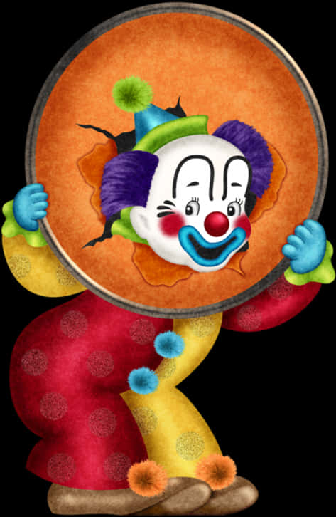 Clown Nose 桌布 壁紙 — 一個快樂的小丑，紫色頭髮和紅鼻子，透過一個裂開的橙色圓圈窺視，手持鼓。