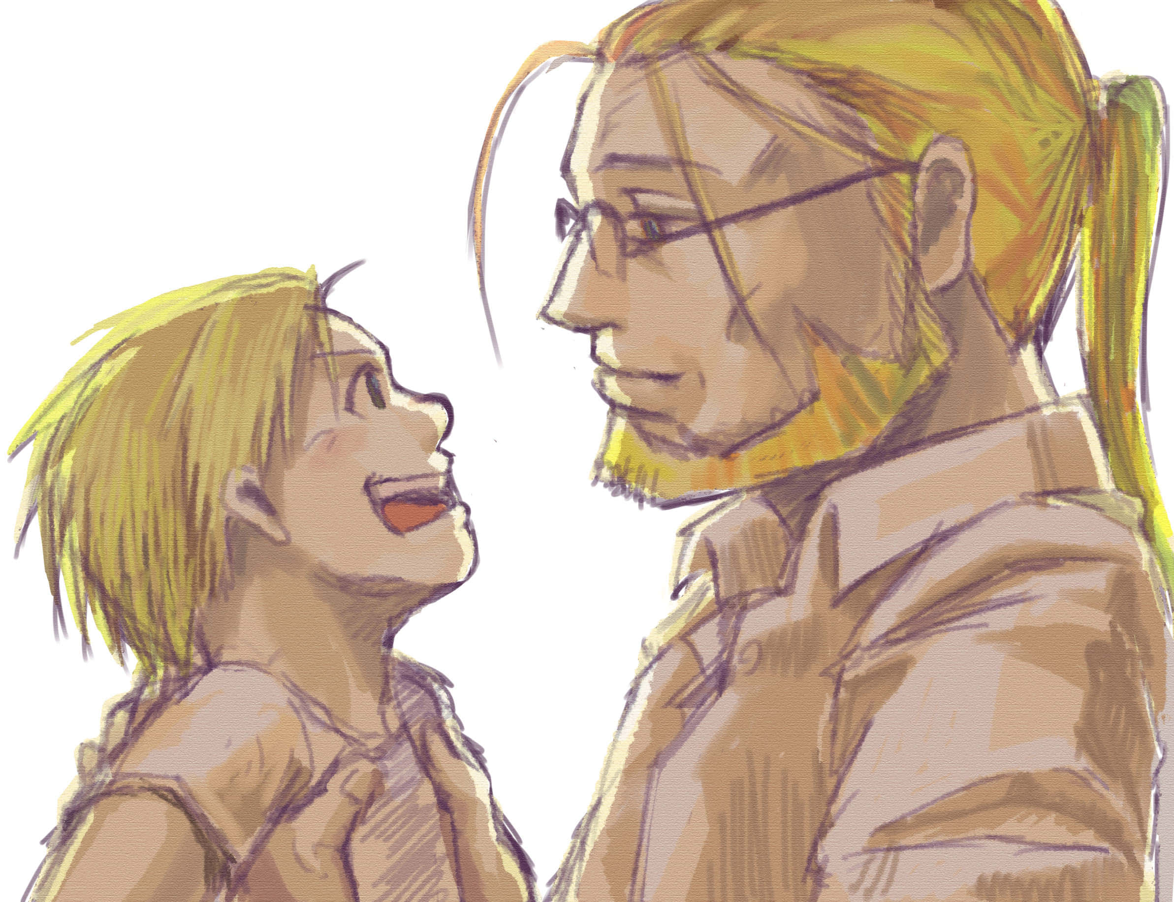 Van Hohenheim 桌布 壁紙 — 一個快樂的小孩笑著抬頭望向一個戴眼鏡和馬尾辮的微笑成年人，以暖色調素描呈現。