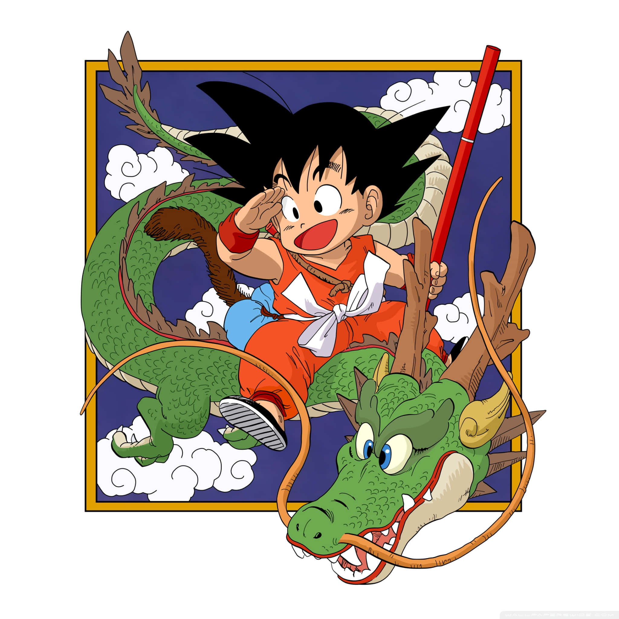 kid goku 桌布 壁紙 — 一個快樂的小男孩穿著橙色道服，騎著一條綠龍穿過雲層，背景是深藍色的天空。