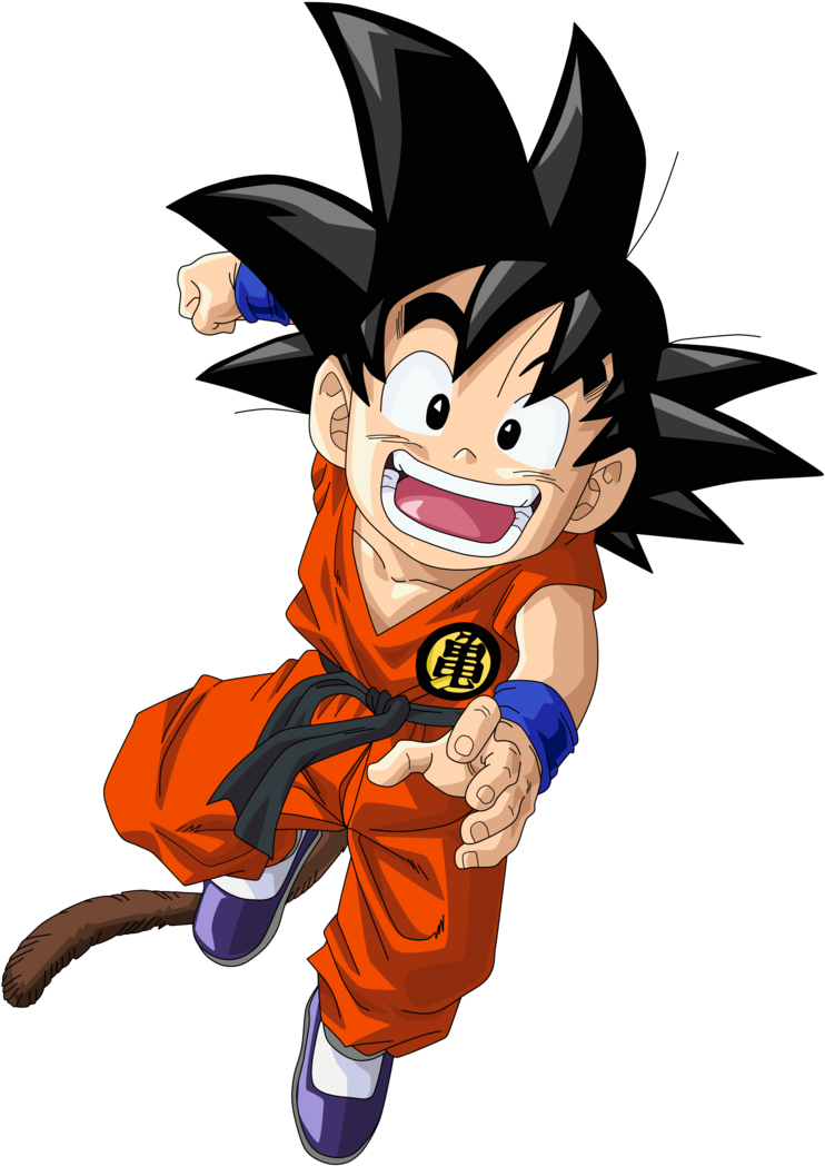 kid goku 桌布 壁紙 — 一個快樂的年輕悟空穿著他標誌性的橙色道服，在黑色背景前咧嘴笑著向前跳躍。