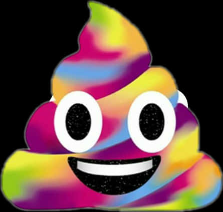 Poop Emoji 桌布 壁紙 — 一個快樂的彩虹色便便表情符號，帶有閃閃發光的眼睛和燦爛的笑容，背景為黑色。