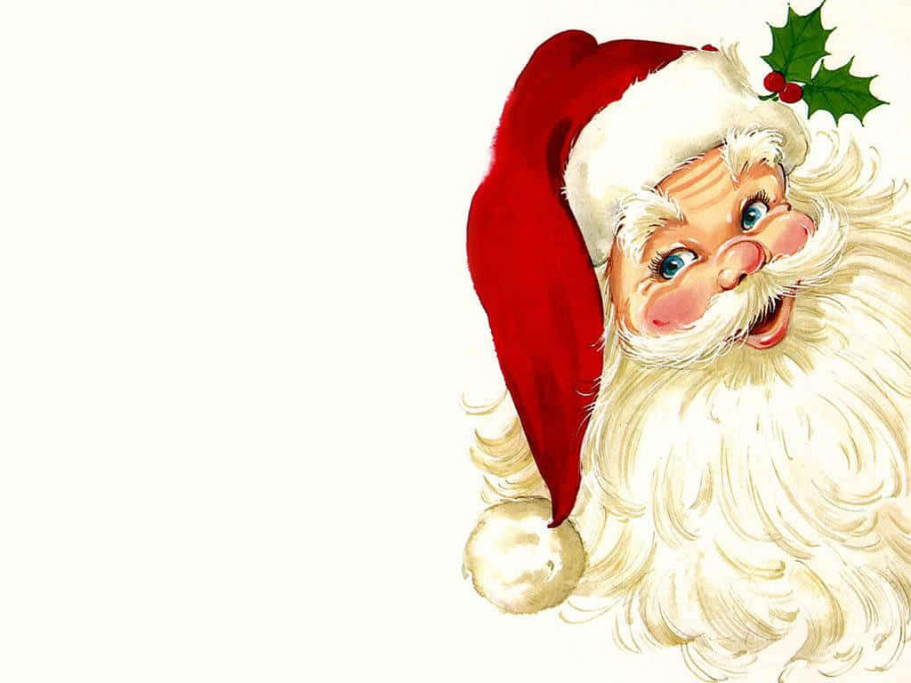 Santa 桌布 壁紙 — 一個快樂的復古聖誕老人，戴著飾有冬青的紅帽子，從右側探出頭來，背景是純白色。