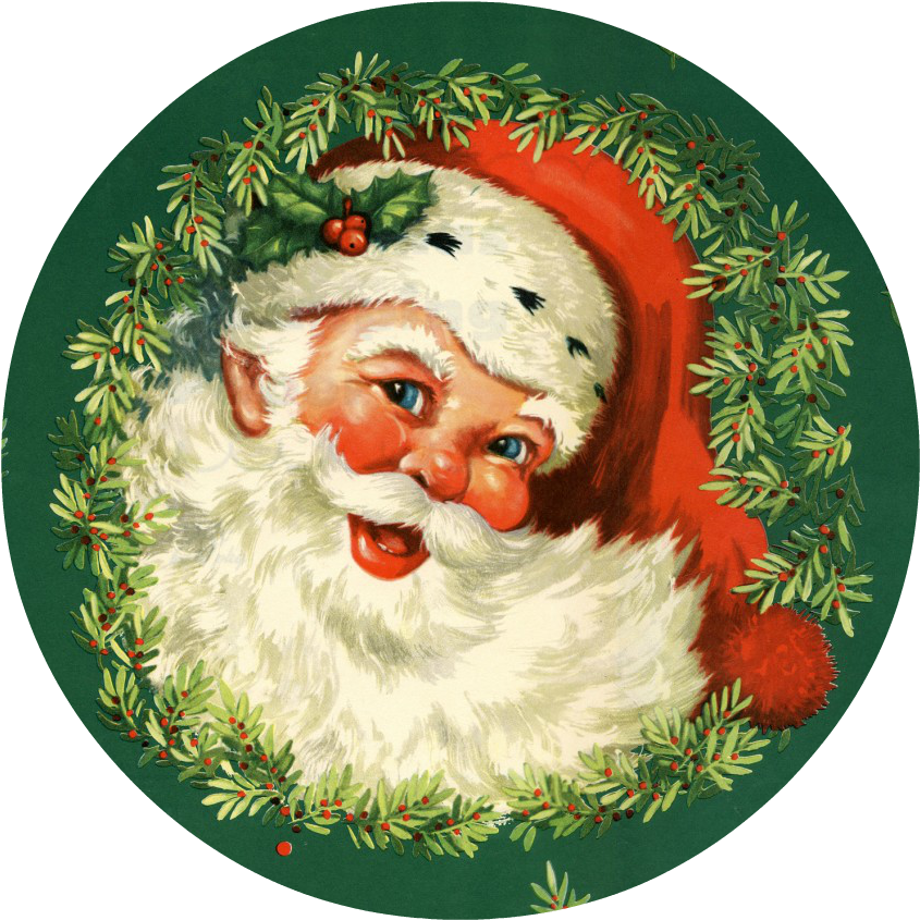 聖誕老人 桌布 壁紙 — 一個快樂的復古聖誕老人，白色鬍鬚和紅色帽子，被綠色冬青花環框住，背景是深綠色。
