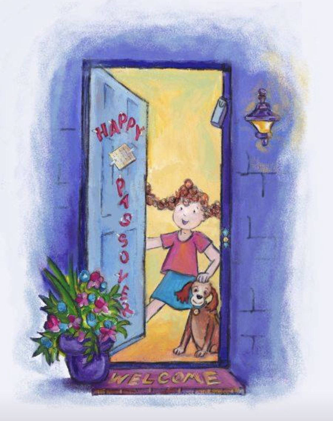 Passover 桌布 壁紙 — 一個快樂的捲髮女孩和她的狗通過一扇裝飾著「Happy Passover」標牌和鮮花的藍色門歡迎訪客。