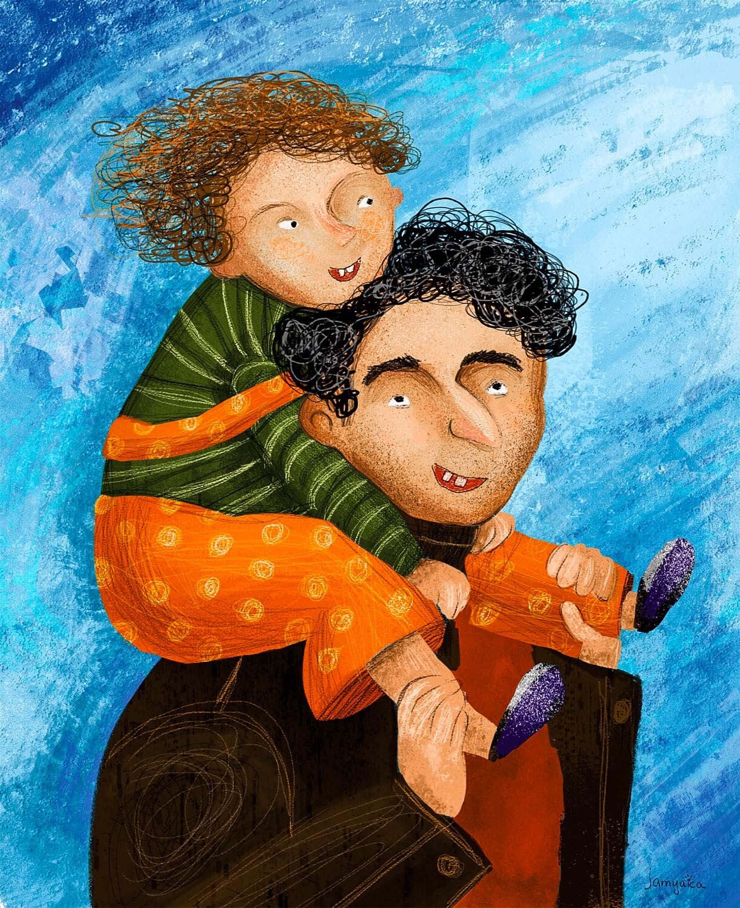 Painting 桌布 壁紙 — 一個快樂的捲髮小孩在帶紋理的藍色背景上騎在微笑的成年人背上。