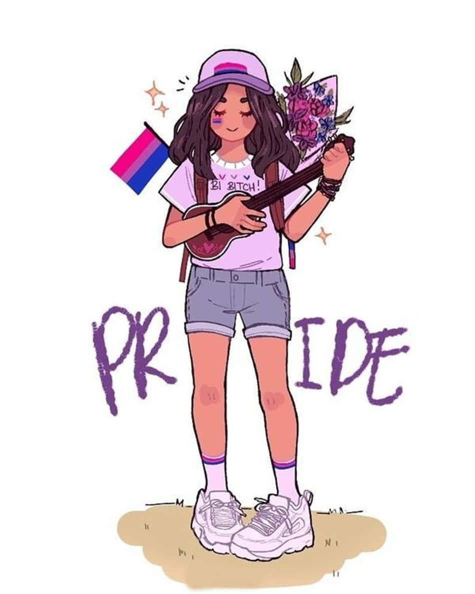動漫 桌布 壁紙 — 一個快樂的插圖女孩，長長的黑髮，在紫色天空下彈奏烏克麗麗，同時拿著雙性戀旗幟和花束。