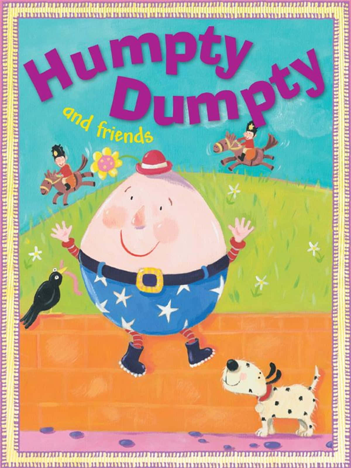 電影動圖 桌布 壁紙 — 一個快樂的插圖版 Humpty Dumpty 坐在磚牆上，向朋友們揮手，包括一隻狗、一隻烏鴉和騎馬的孩子們，在陽光明媚的田野中。