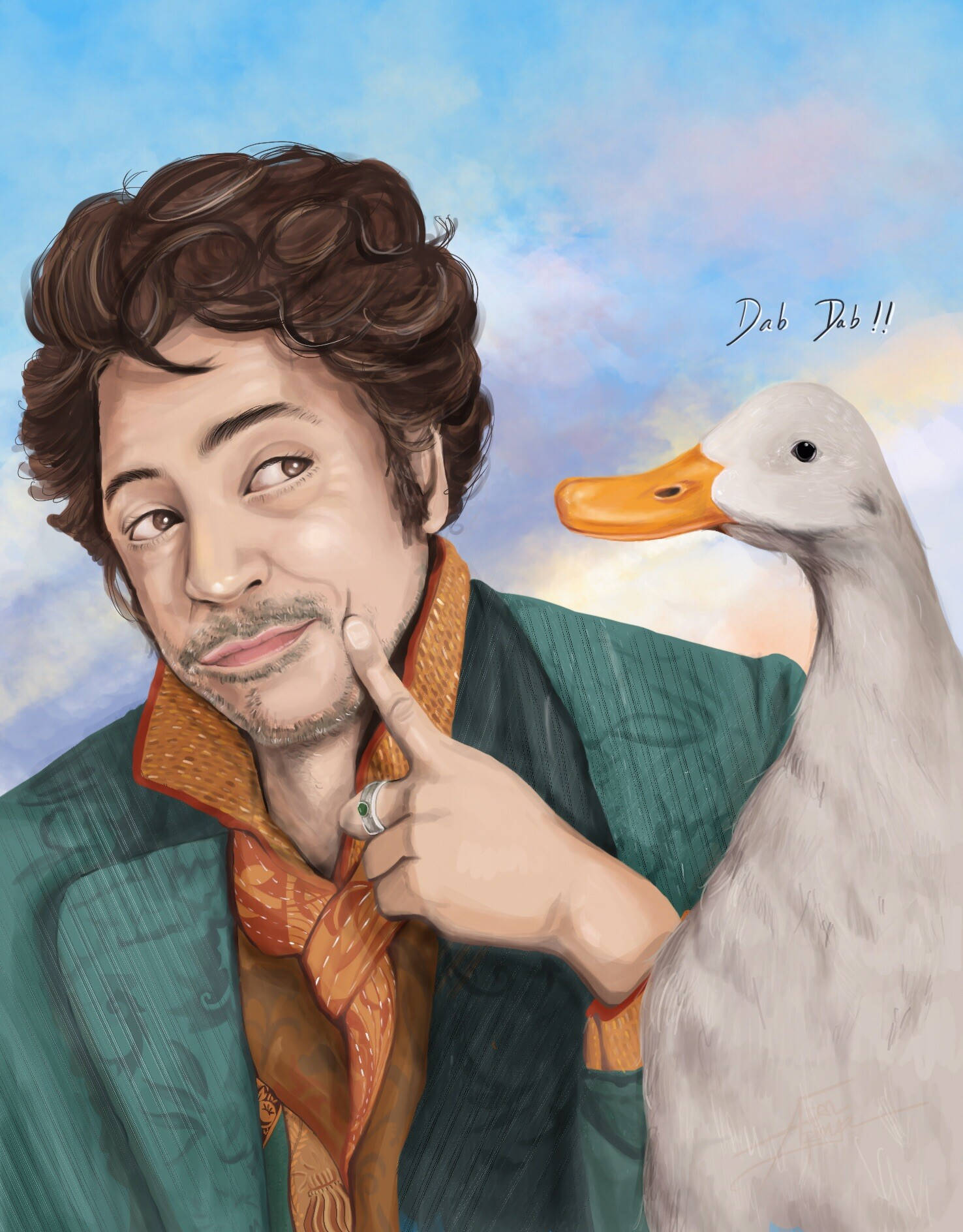 dolittle 桌布 壁紙 — 一個快樂的插圖男子，身穿綠色外套和橙色圍巾，在柔和的藍天下與一隻白鴨擺姿勢。