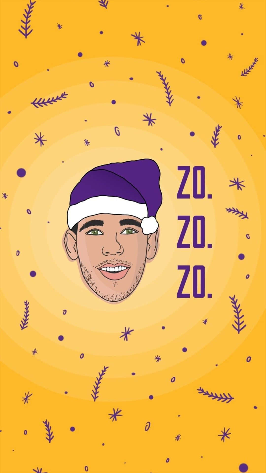 NBA聖誕節 桌布 壁紙 — 一個快樂的插圖肖像，一個男人戴著紫色聖誕帽，背景是燦爛的黃色，帶有節日紫色雪花和松枝。