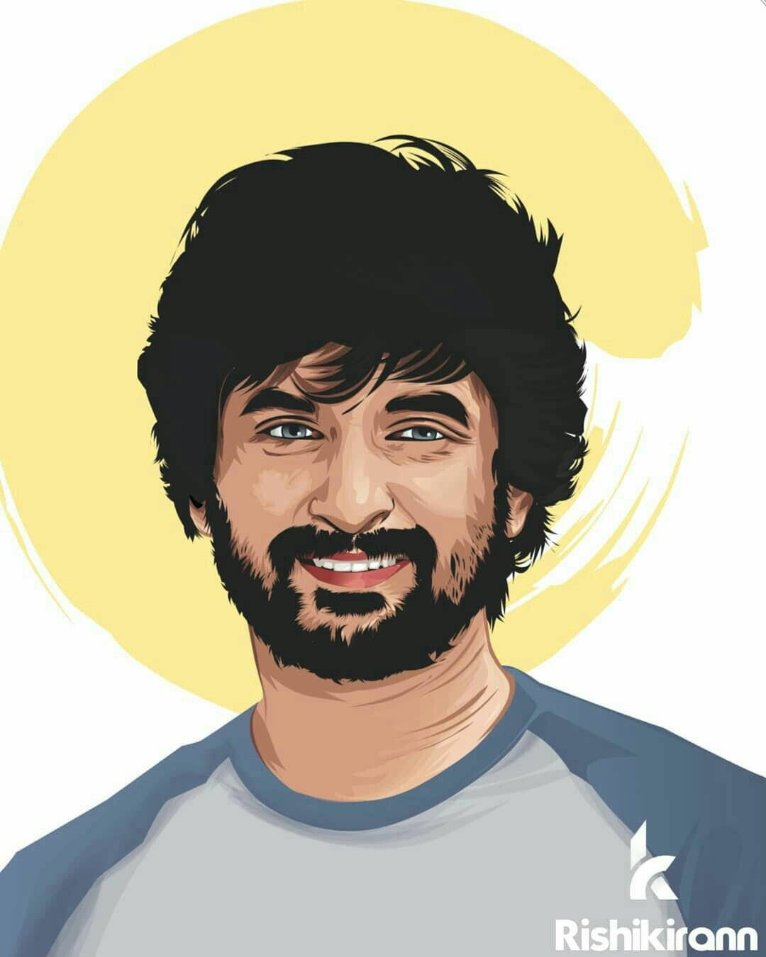 Indian 桌布 壁紙 — 一個快樂的插圖肖像，描繪一位留著深色鬍鬚、黑髮的男子，在柔和的黃色圓形背景上溫暖地微笑。