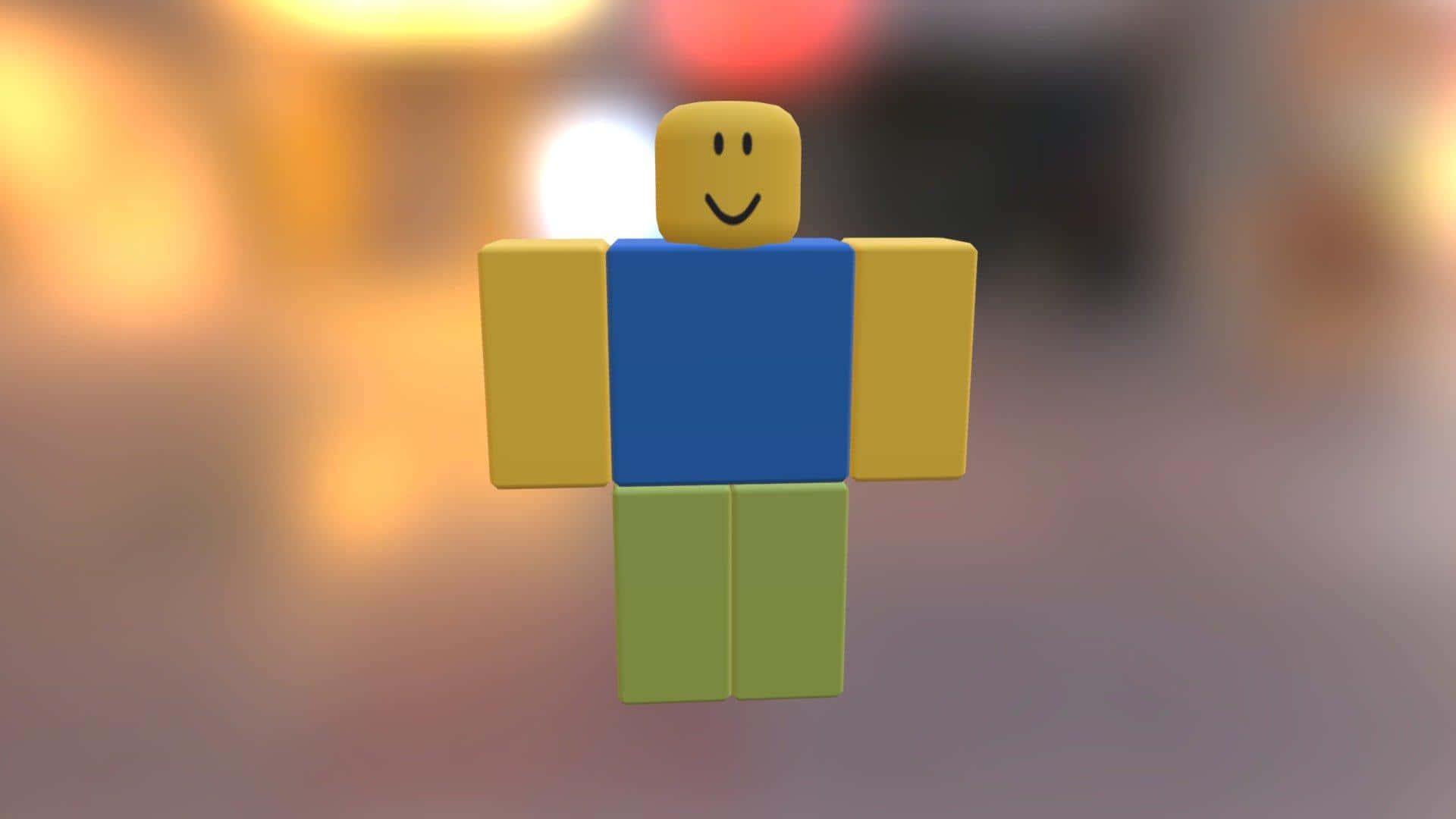 Roblox Noob 桌布 壁紙 — 一個快樂的方塊頭像，黃色頭部、藍色軀幹和綠色雙腿，漂浮在溫暖模糊的背景上。