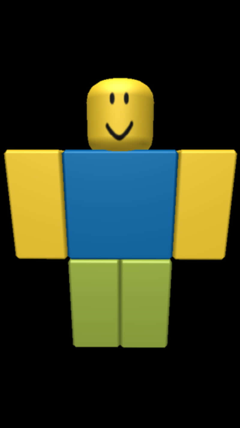 Roblox Noob 桌布 壁紙 — 一個快樂的方塊頭像，黃色頭部、藍色身體和綠色雙腿，站在黑色背景前。