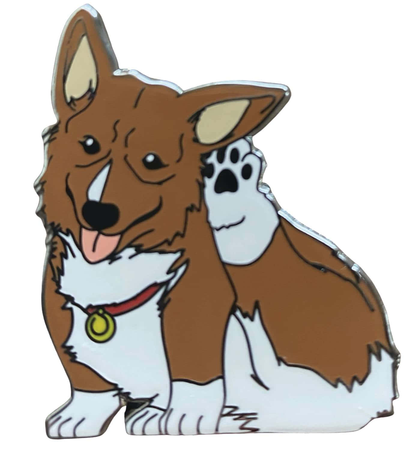 Cowboy Bebop Ein 桌布 壁紙 — 一個快樂的棕白相間柯基犬別針，戴著紅色項圈和金色標籤，背上有一個爪印。