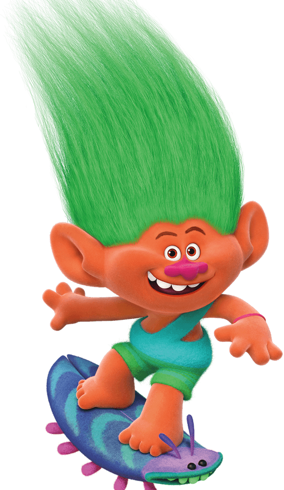 Cartoon Characters 桌布 壁紙 — 一個快樂的橙色巨魔，有著巨大的綠色莫霍克髮型，騎著一個微笑的紫色衝浪板，上面有粉紅色的尖刺。